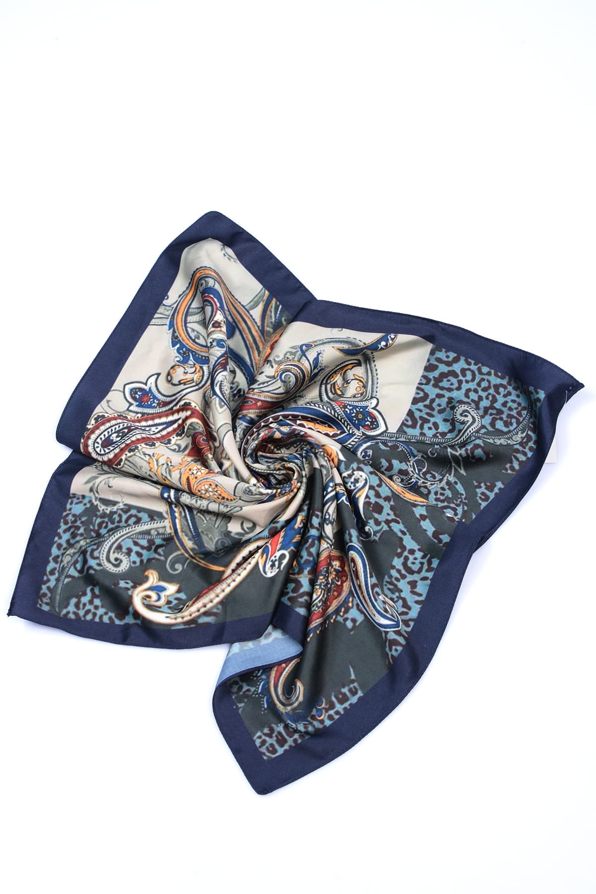 13458 Etro Desenli Lacivert Saten Bandana Fular 50x50 cm görsel 5