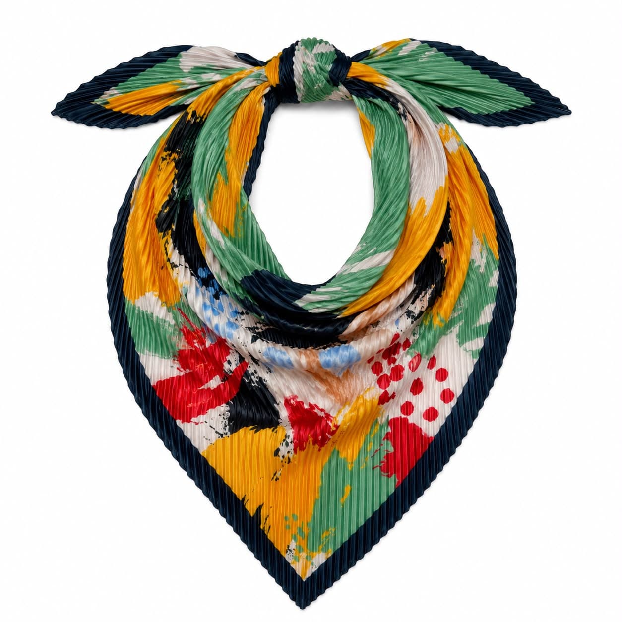13750-1 Pliseli Lacivert Kenarlıklı Renkli Saten Bandana Fular 50x50 cm
