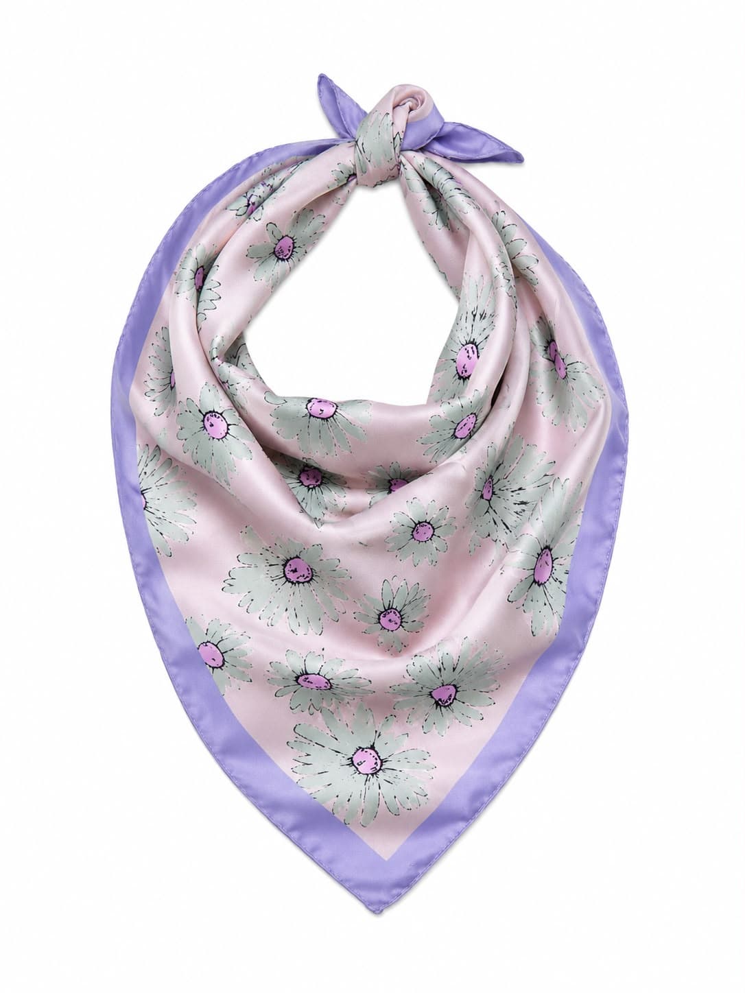 13934 Açık Çiçek Desenli Lila Saten Bandana Fular 50x50 cm görsel 2