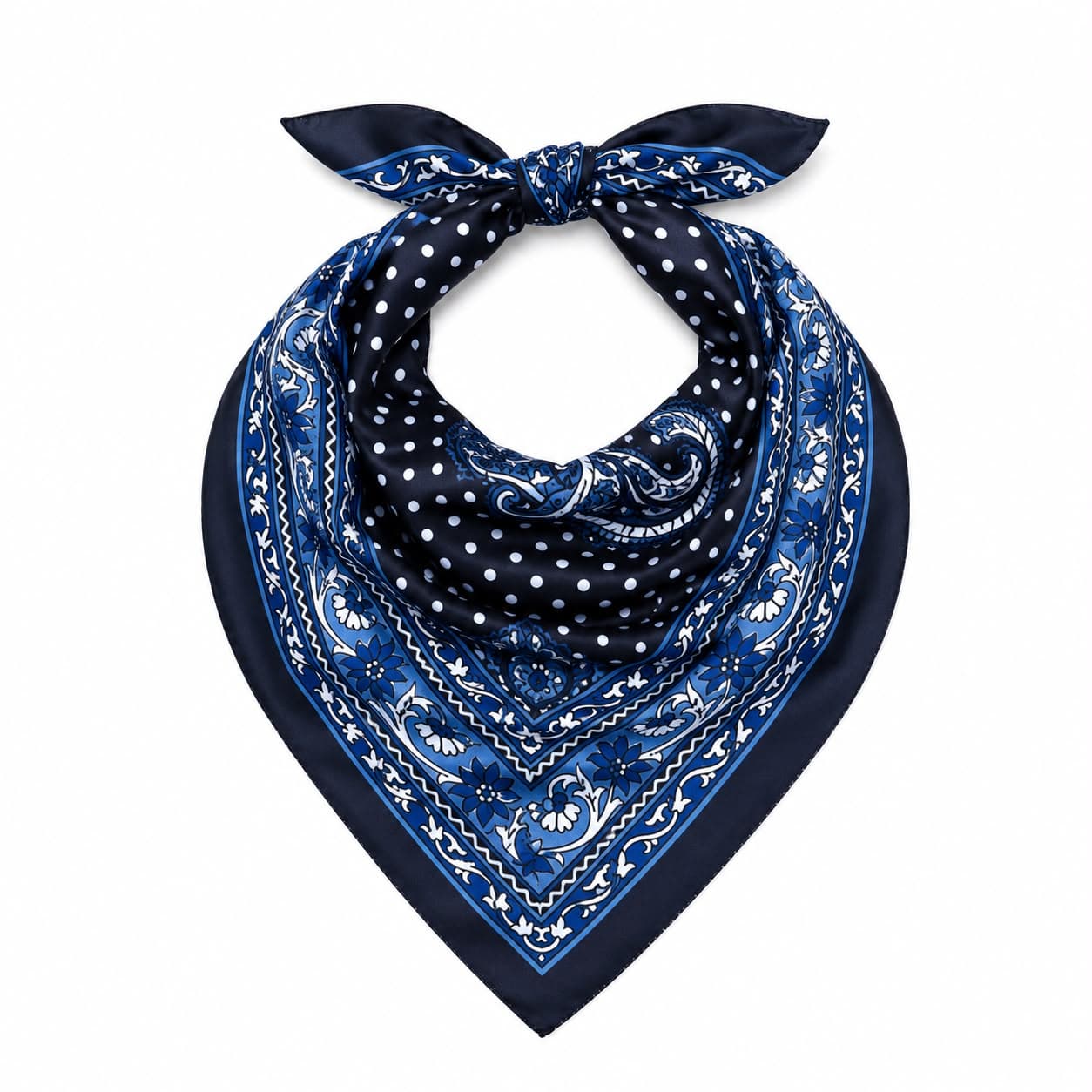 13935 Şal Desenli Lacivert Saten Bandana Fular 50x50 cm görsel 3