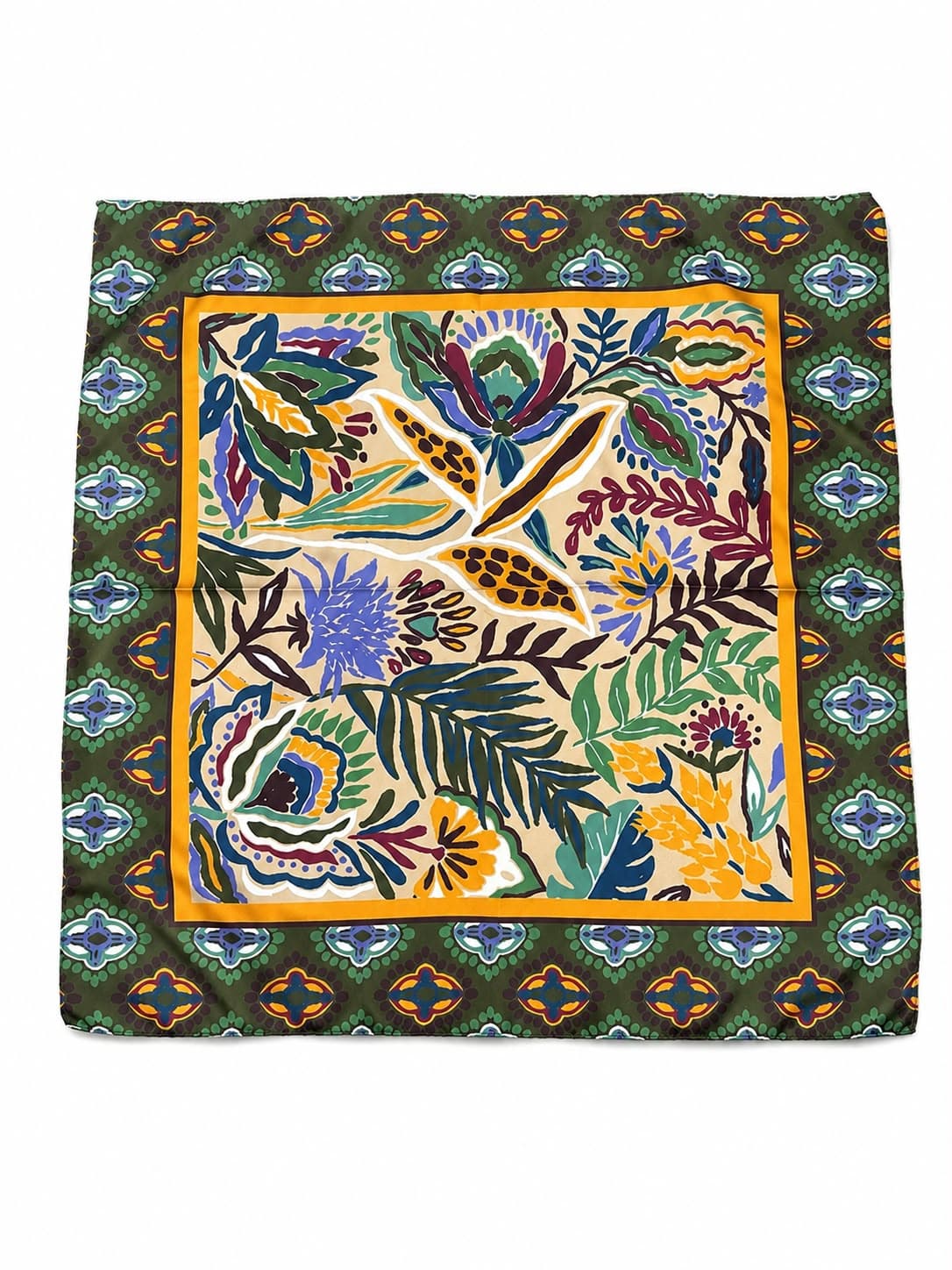 13943 Etnik Desenli Safran Saten Bandana Fular 50x50 cm