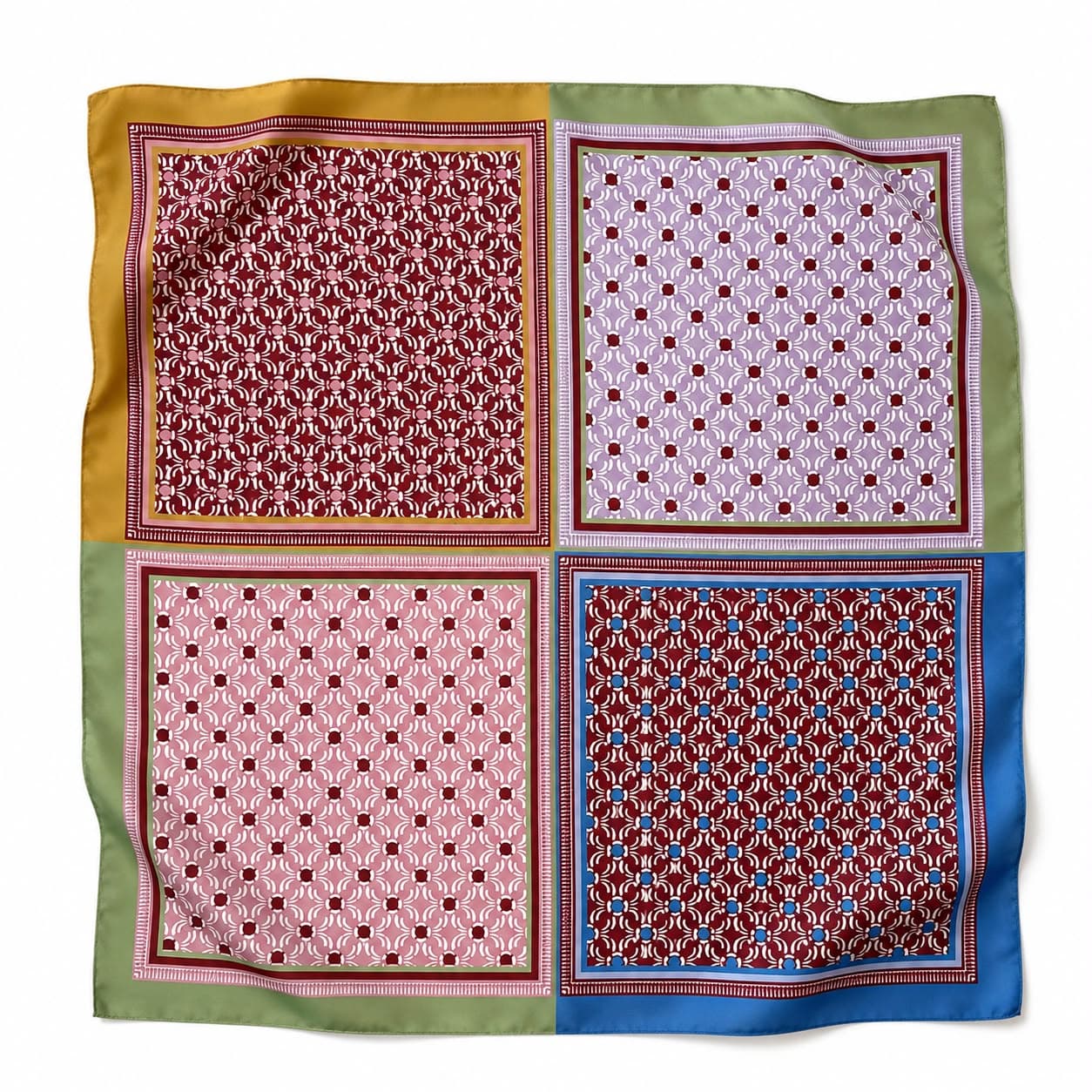 13945 Etnik Desenli Safran Yeşil Saten Bandana Fular 50x50 cm