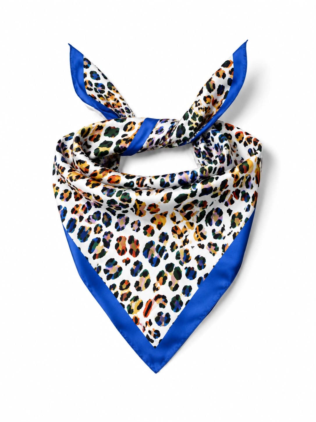13989 Leopar Desenli Sax Mavi Saten Bandana Fular 50x50 cm görsel 3