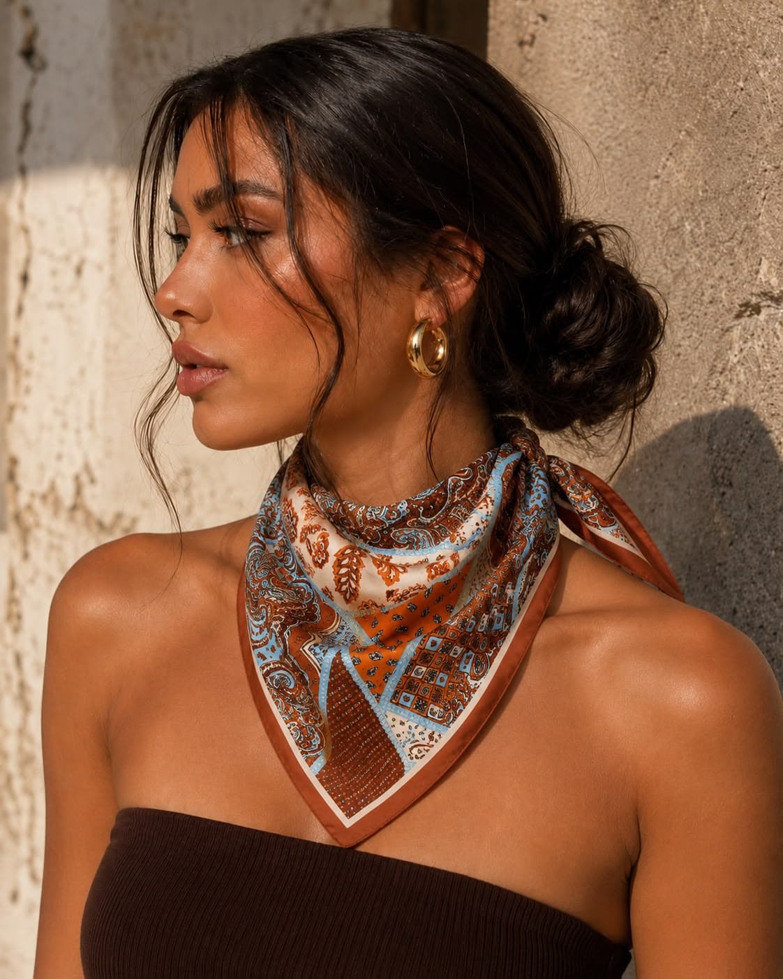12353 Etro Desenli Kiremit Saten Bandana Fular 50x50 cm