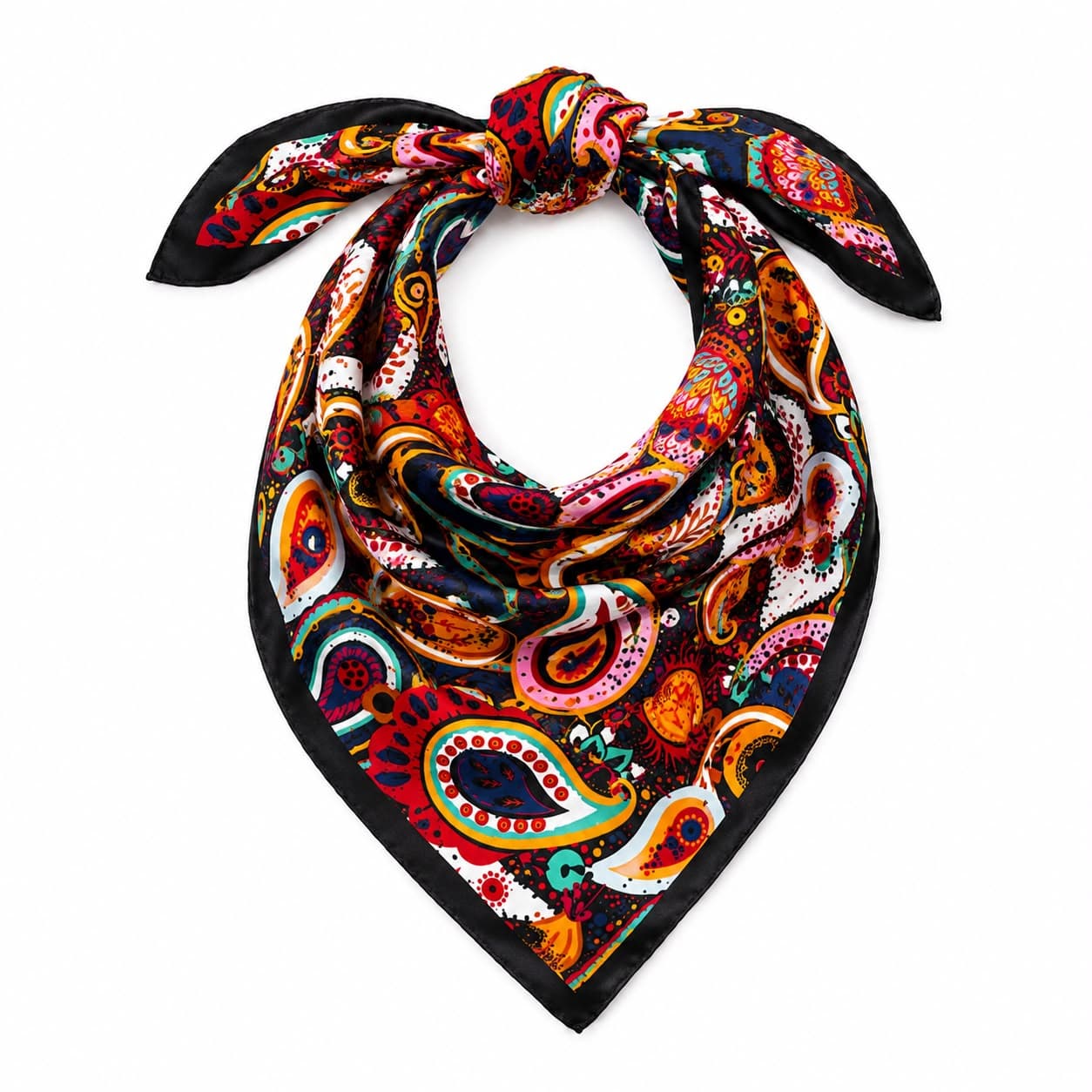 15035 Şal Desenli Siyah Bandana Fular 50x50 cm görsel 3