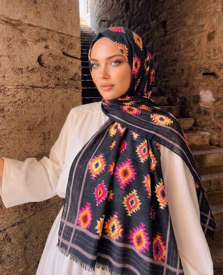 15114 Kare Desenli Siyah Şal