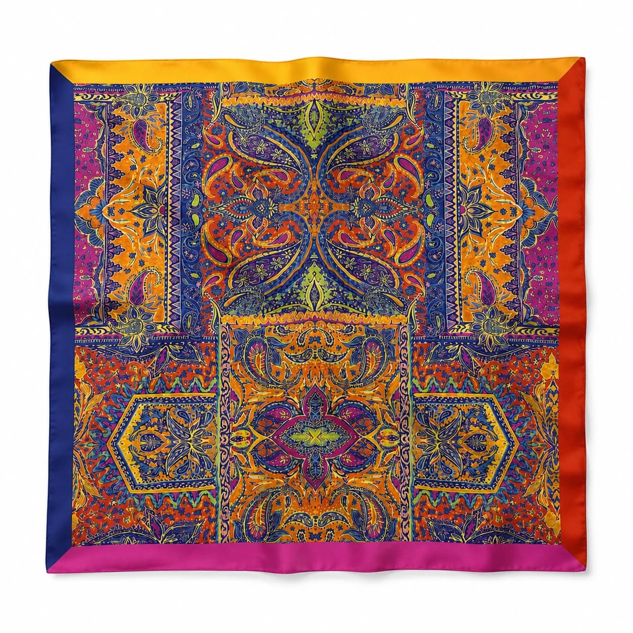 12397 Etnik Desenli Mavi Saten Bandana Fular 50x50 cm