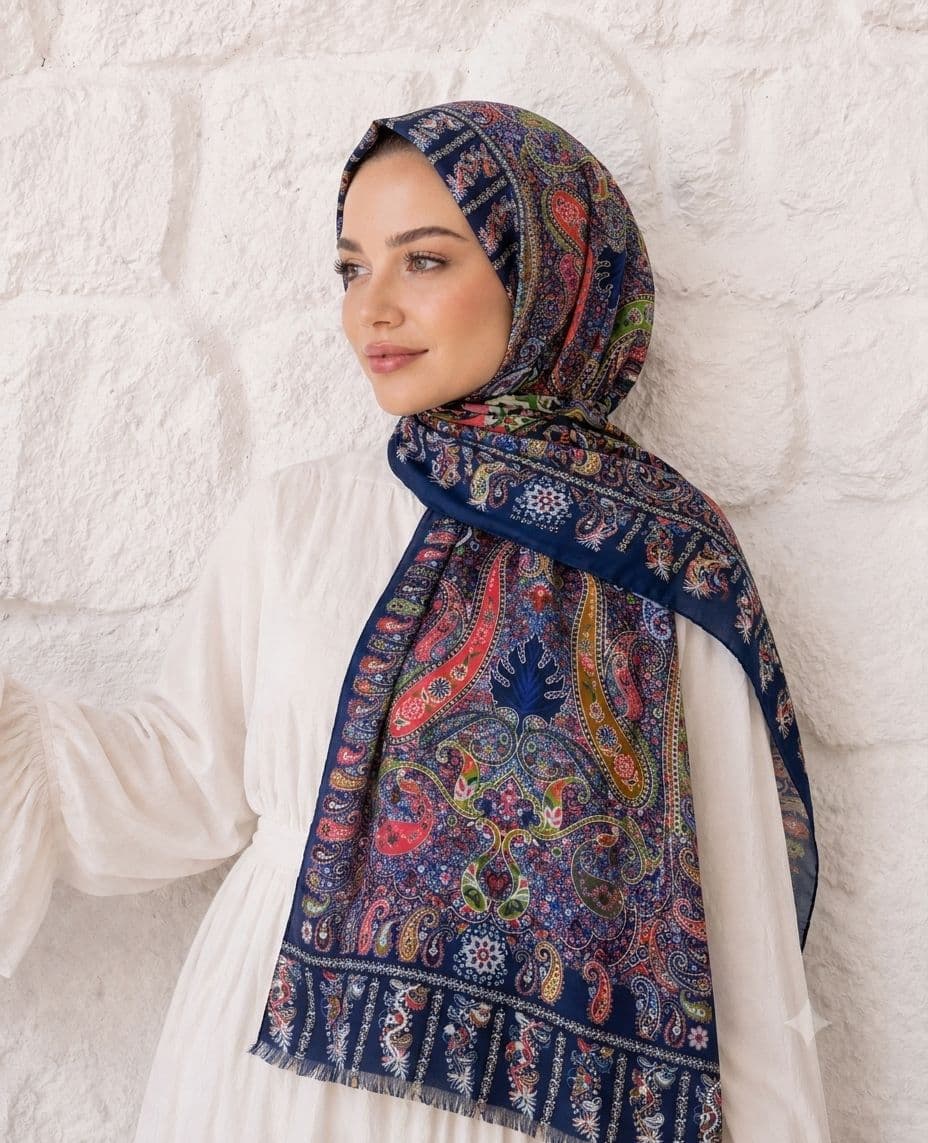 15176 Patchwork Desenli Lacivert Fransa Kumaşı Varaklı Şal