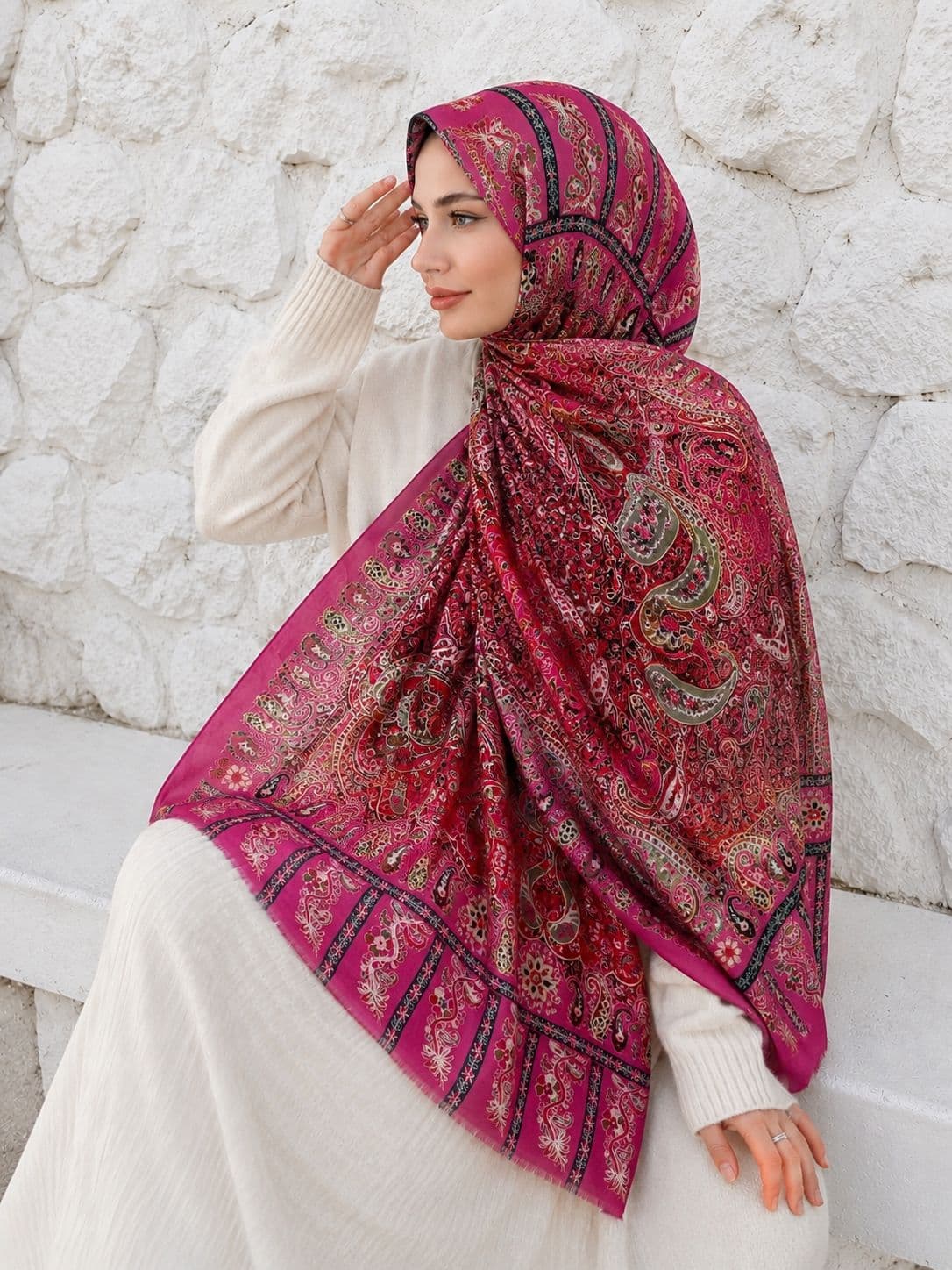 15176 Patchwork Desenli Fuşya Fransa Kumaşı Varaklı Şal