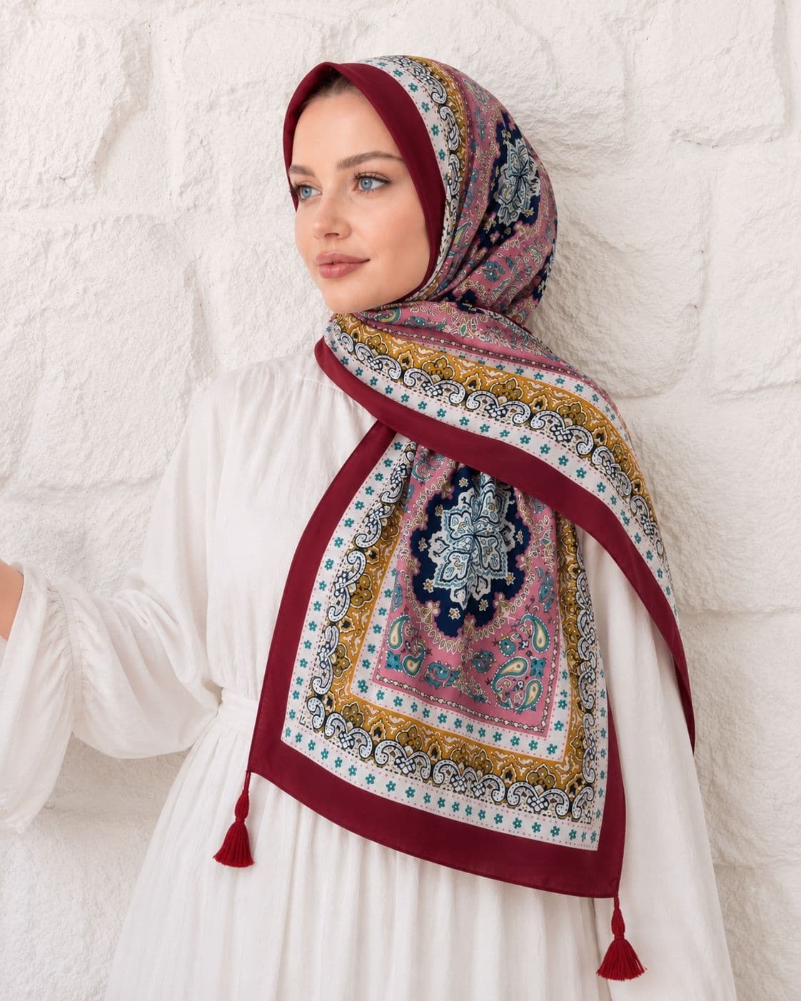 15238 Patchwork Desenli Bordo Püsküllü Şal