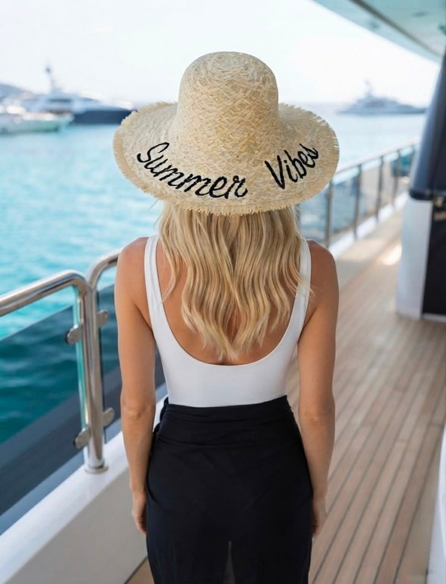 14726 Summer Vibes Nakışlı Bej Geniş Hasır Şapka