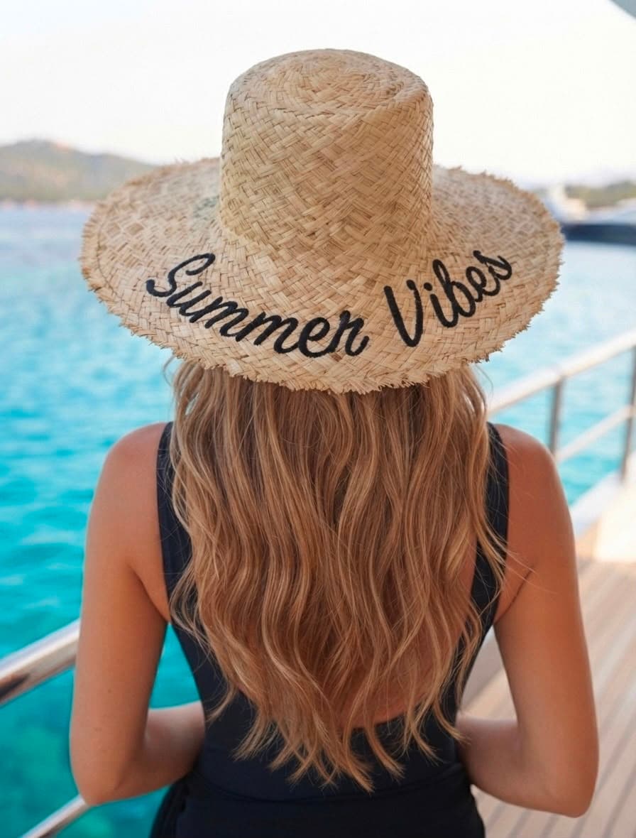 14726 Summer Vibes Nakışlı Camel Geniş Hasır Şapka