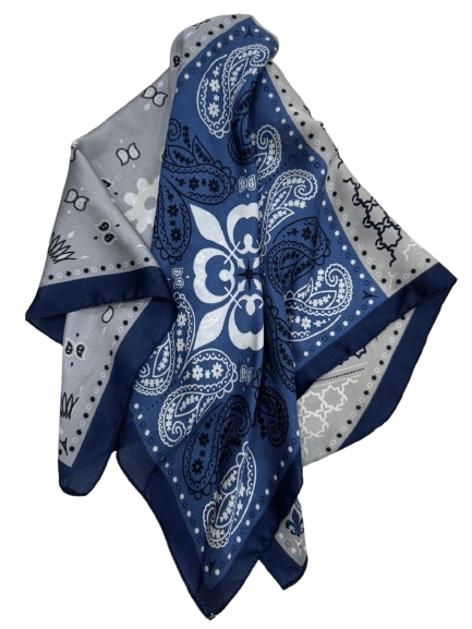 14890 Patchwork Desenli Mavi Çift Tarafı Baskılı Bandana Fular 70x70 cm görsel 4
