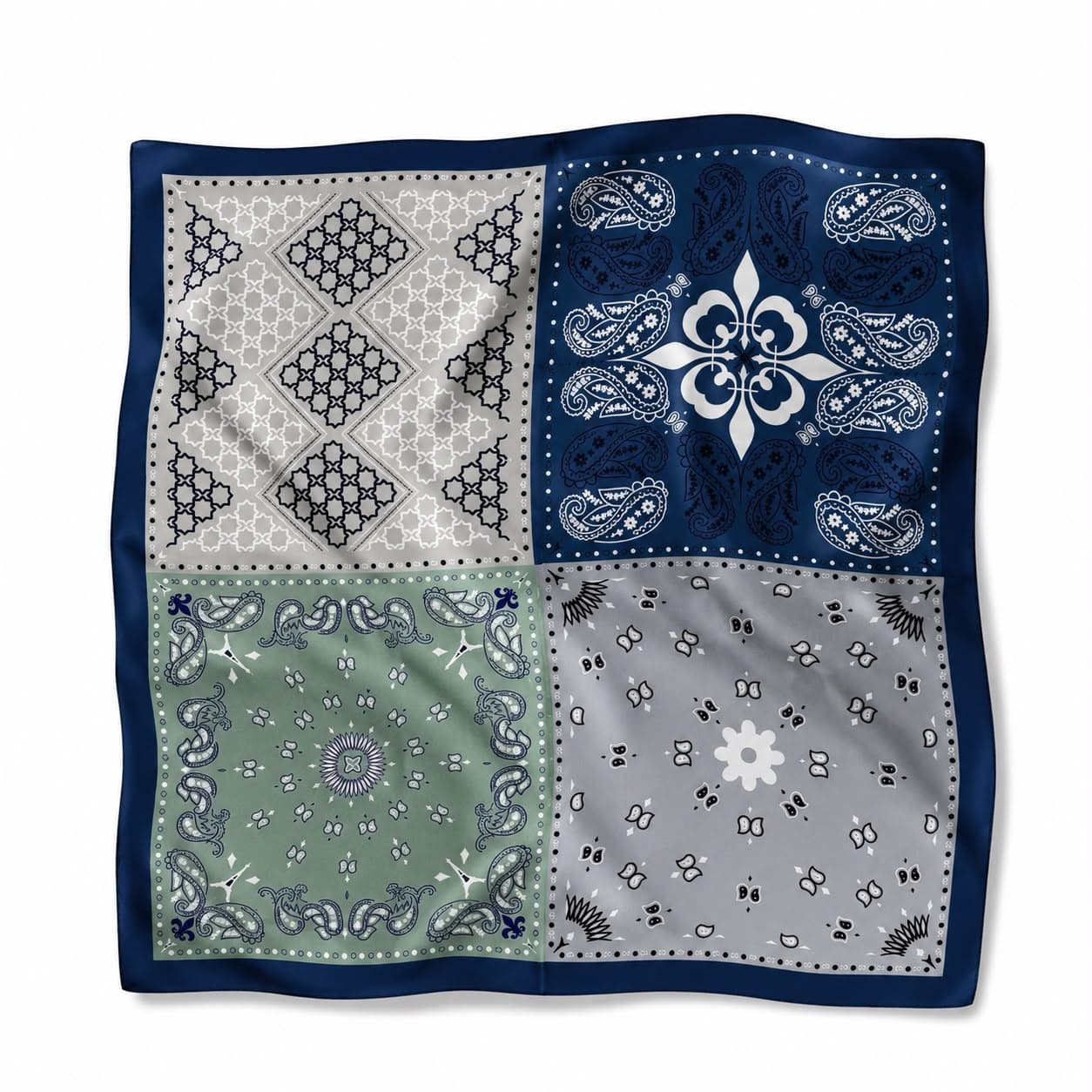14890 Patchwork Desenli Mavi Çift Tarafı Baskılı Bandana Fular 70x70 cm görsel 5