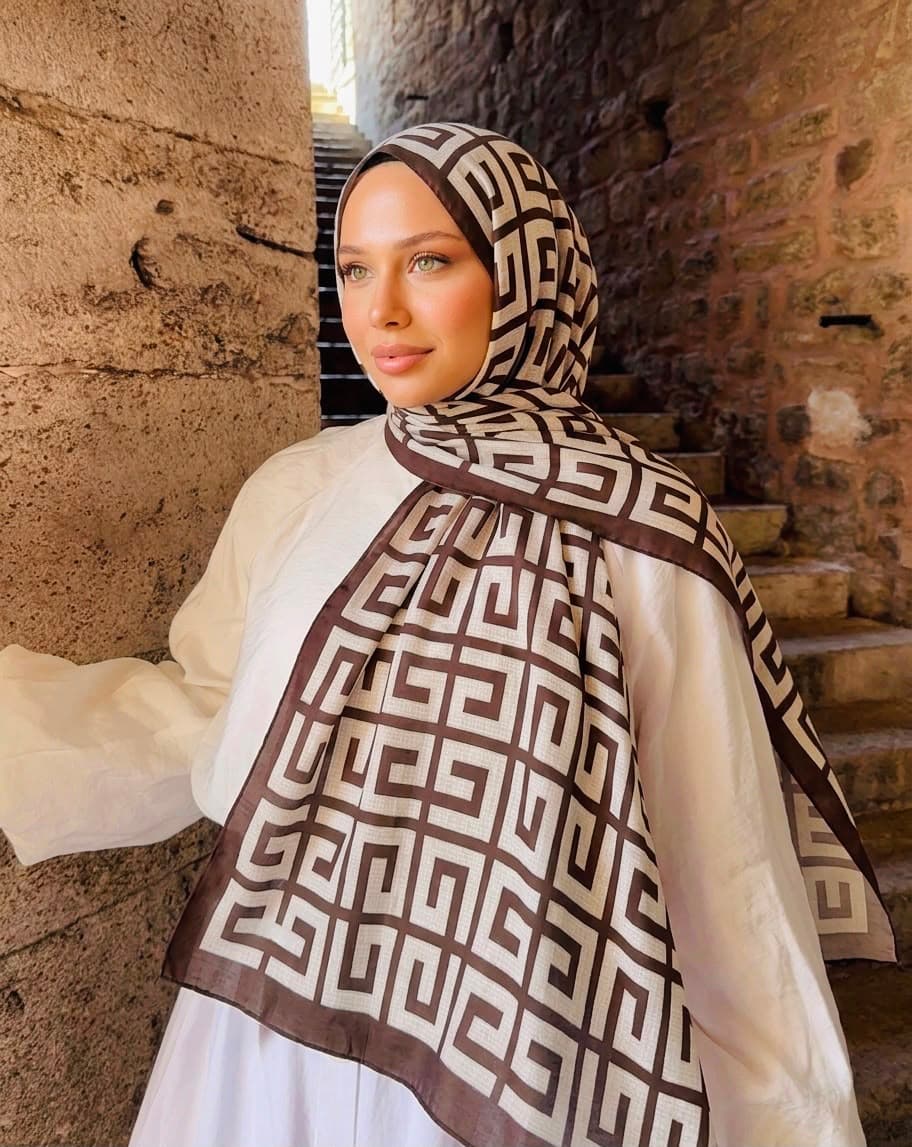 15391 Desenli Kahverengi Saten Şal 90x180 cm