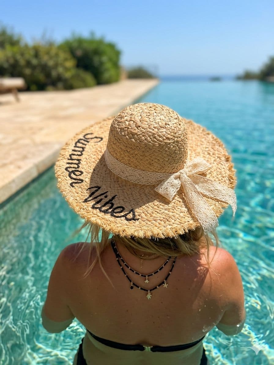 19050 Bej Summer Vibes Nakışlı Fiyonklu Geniş Hasır Şapka