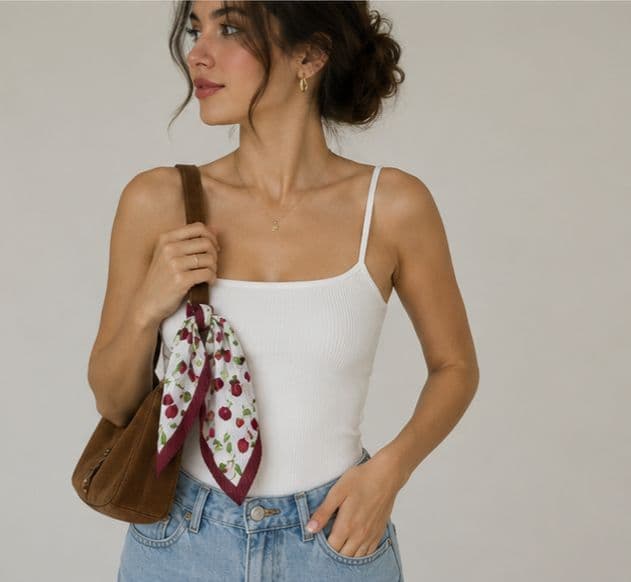 15326-1 Pliseli Kiraz Desenli Kırmızı Beyaz Saten Bandana Fular 50x50 cm görsel 2
