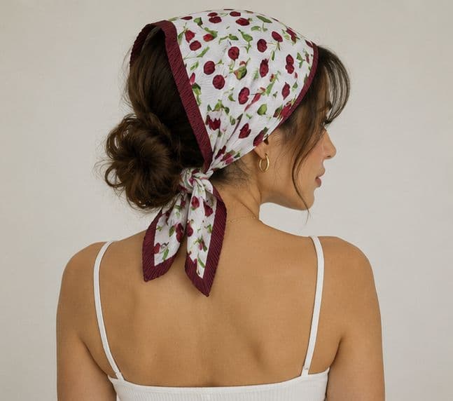 15326-1 Pliseli Kiraz Desenli Kırmızı Beyaz Saten Bandana Fular 50x50 cm görsel 3