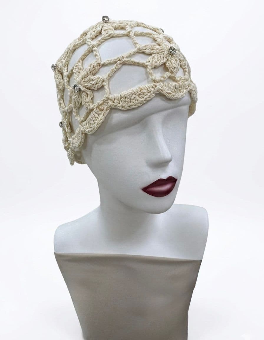 19089 Bej Taşlı File Bandana Şapka Bere 19x26 cm görsel 3