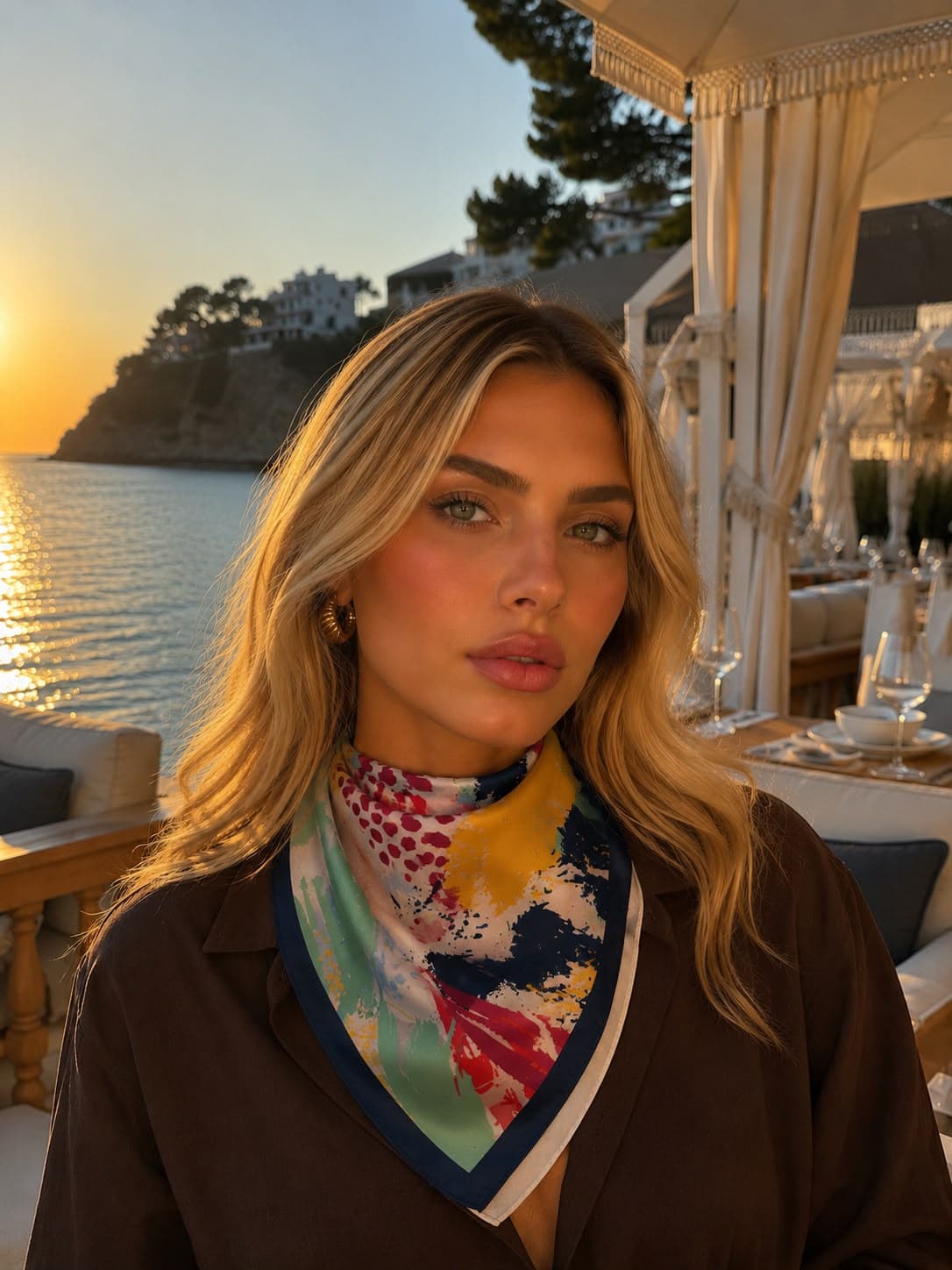 13750-7 Lacivert Kenarlıklı Renkli Saten Bandana Fular 70x70 cm görsel 4