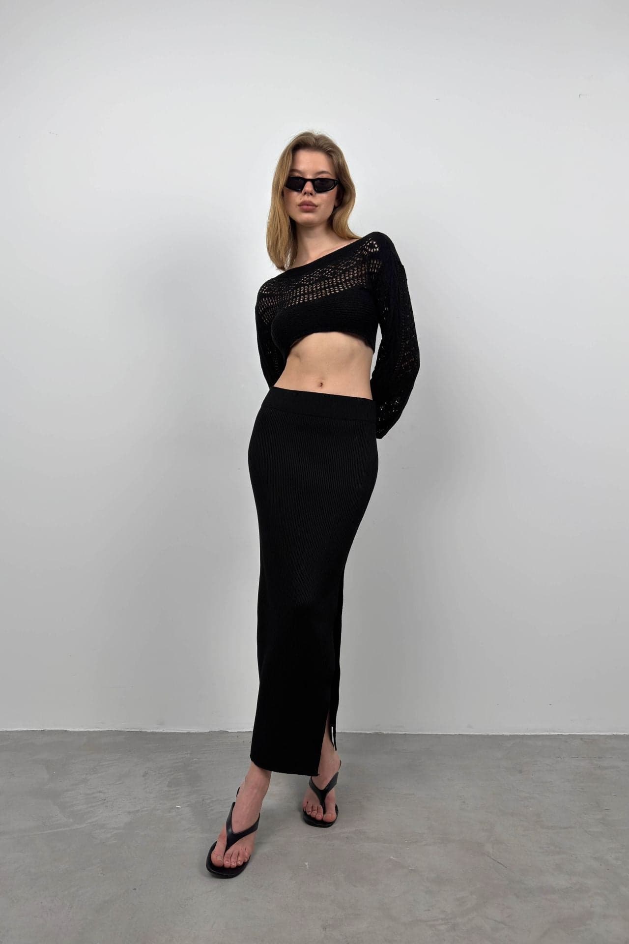 Örgü Detay Crop Triko Bluz görsel 1