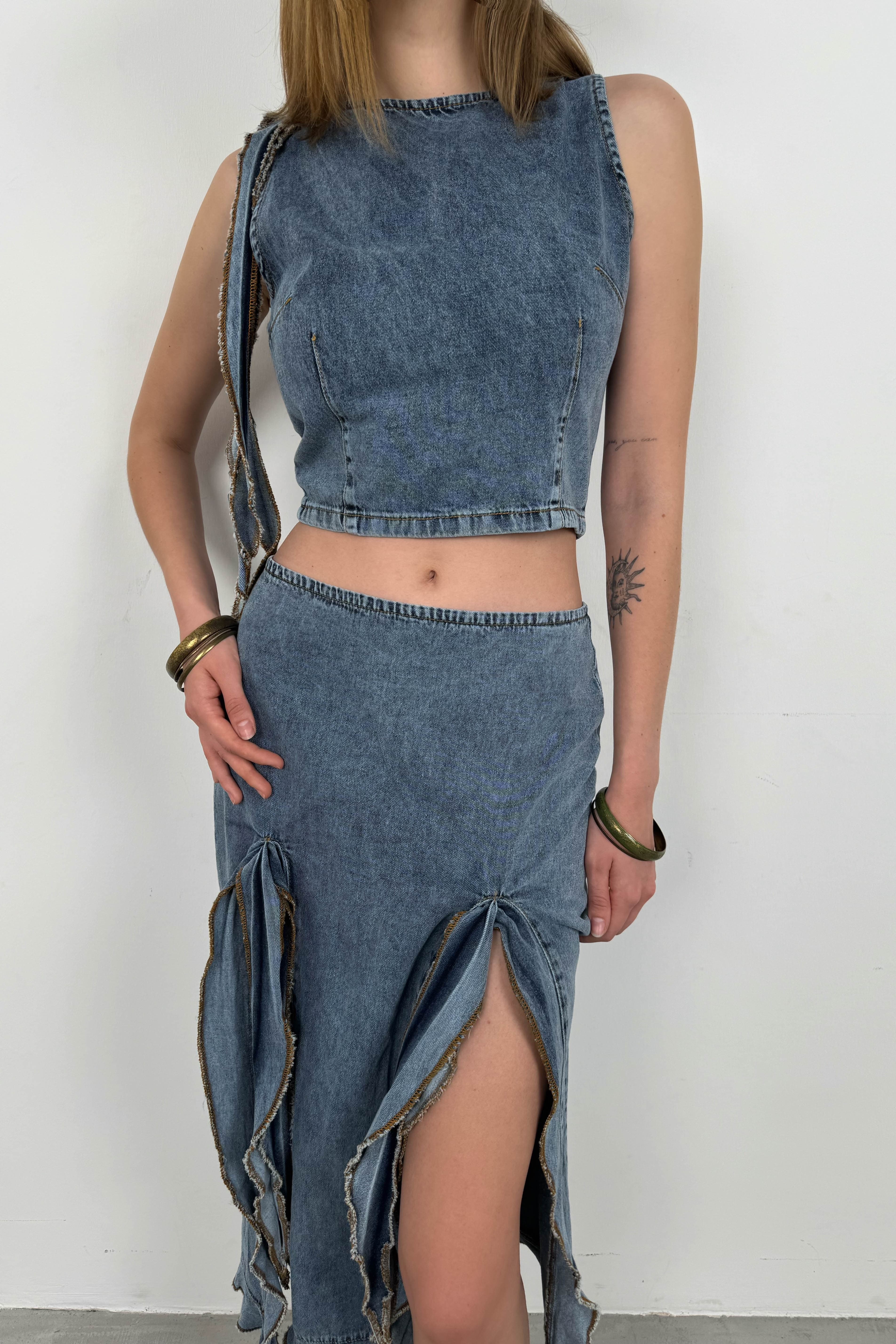 Fırfır Detay Denim Bluz görsel 3