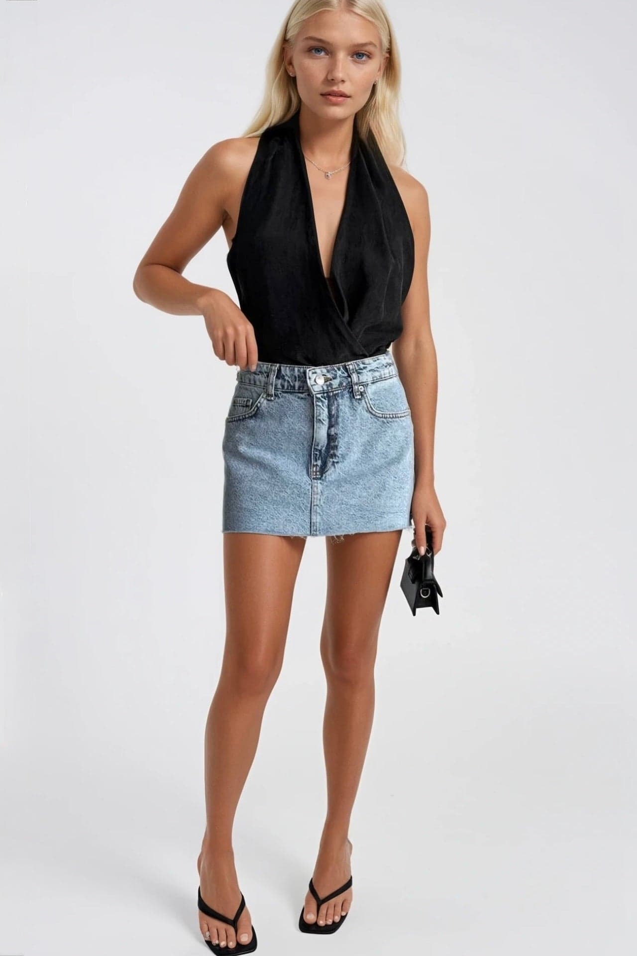 Lazer Kesim Denim Mini Etek görsel 2