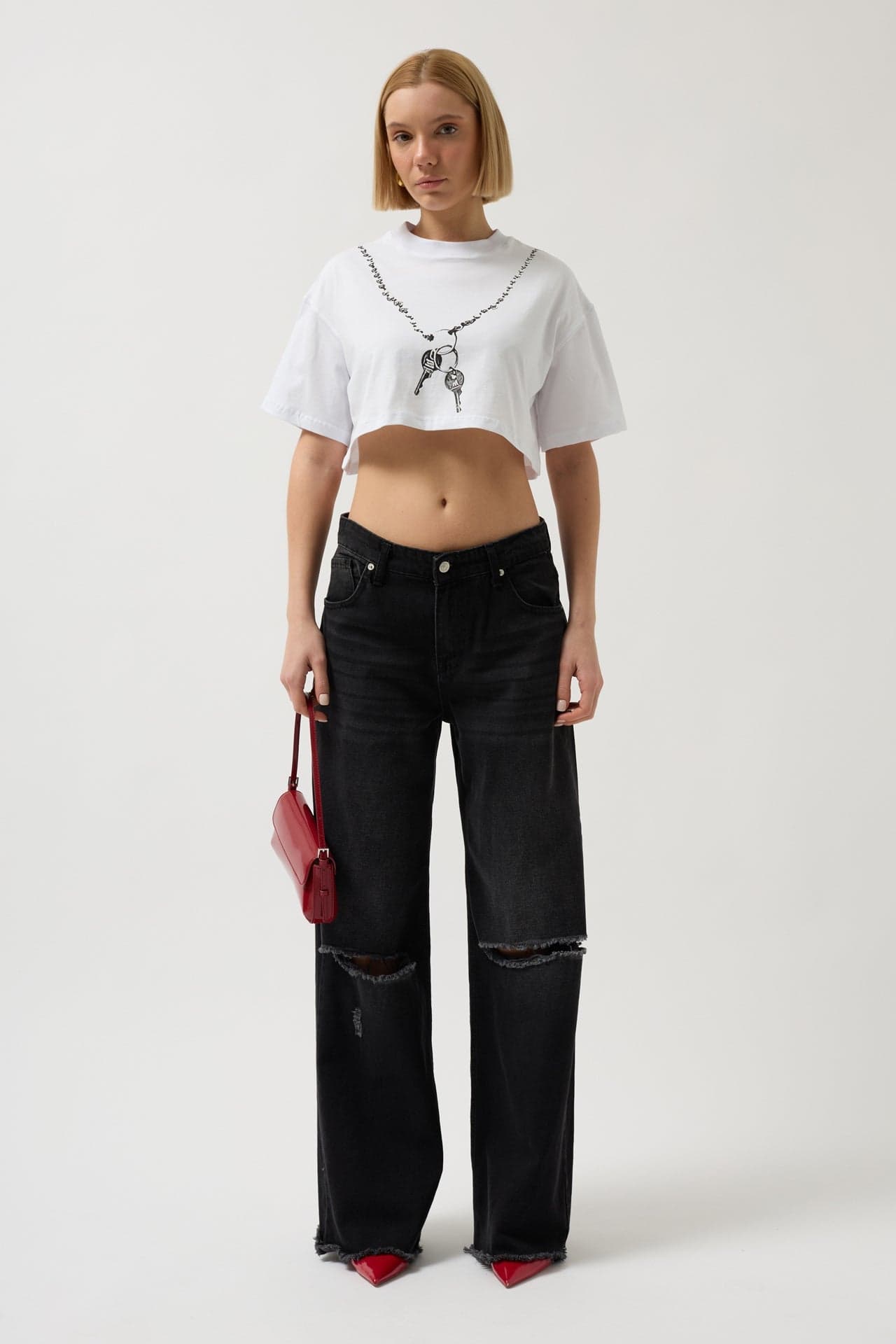 Zincir Baskılı Crop T-Shirt görsel 2