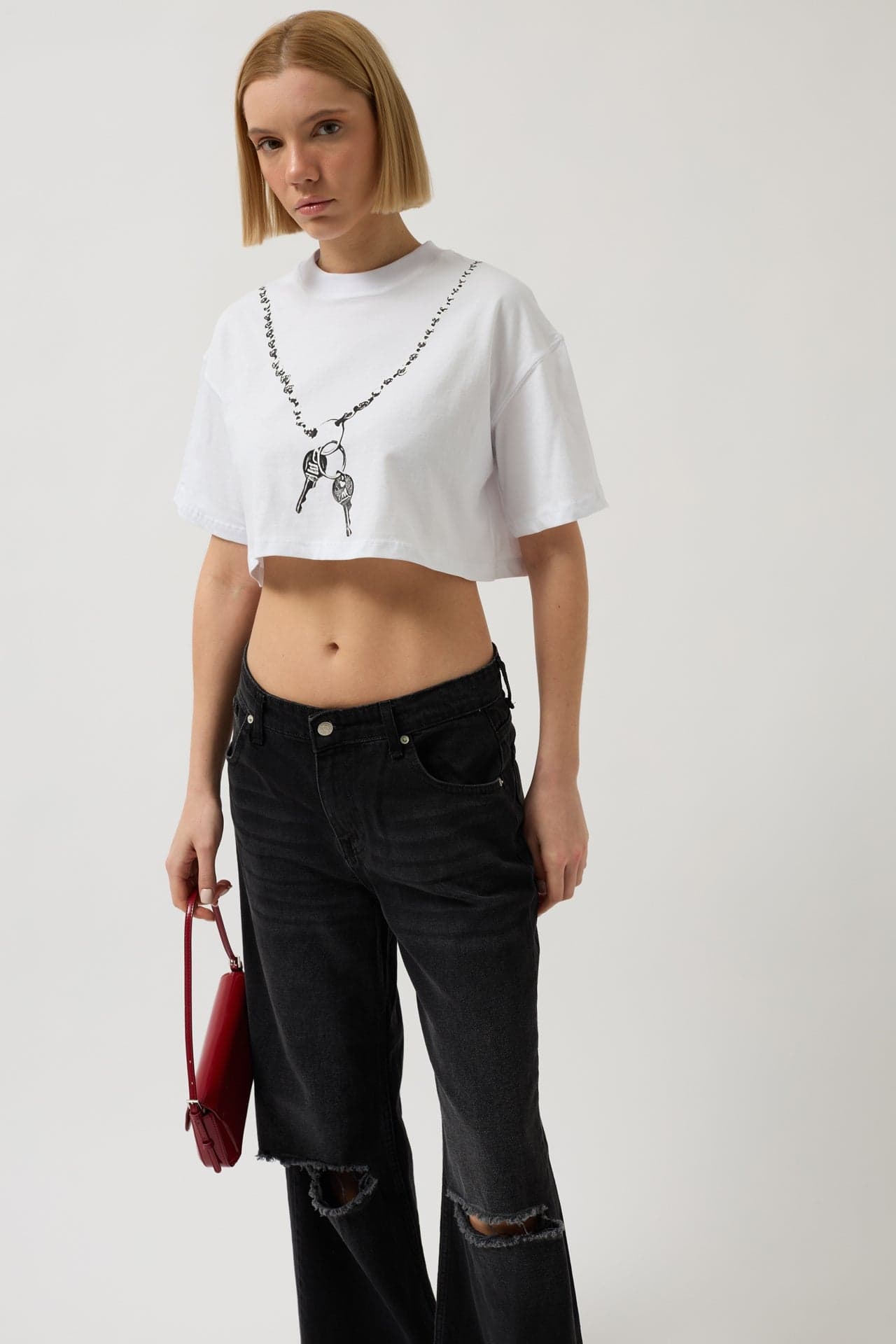 Zincir Baskılı Crop T-Shirt görsel 3