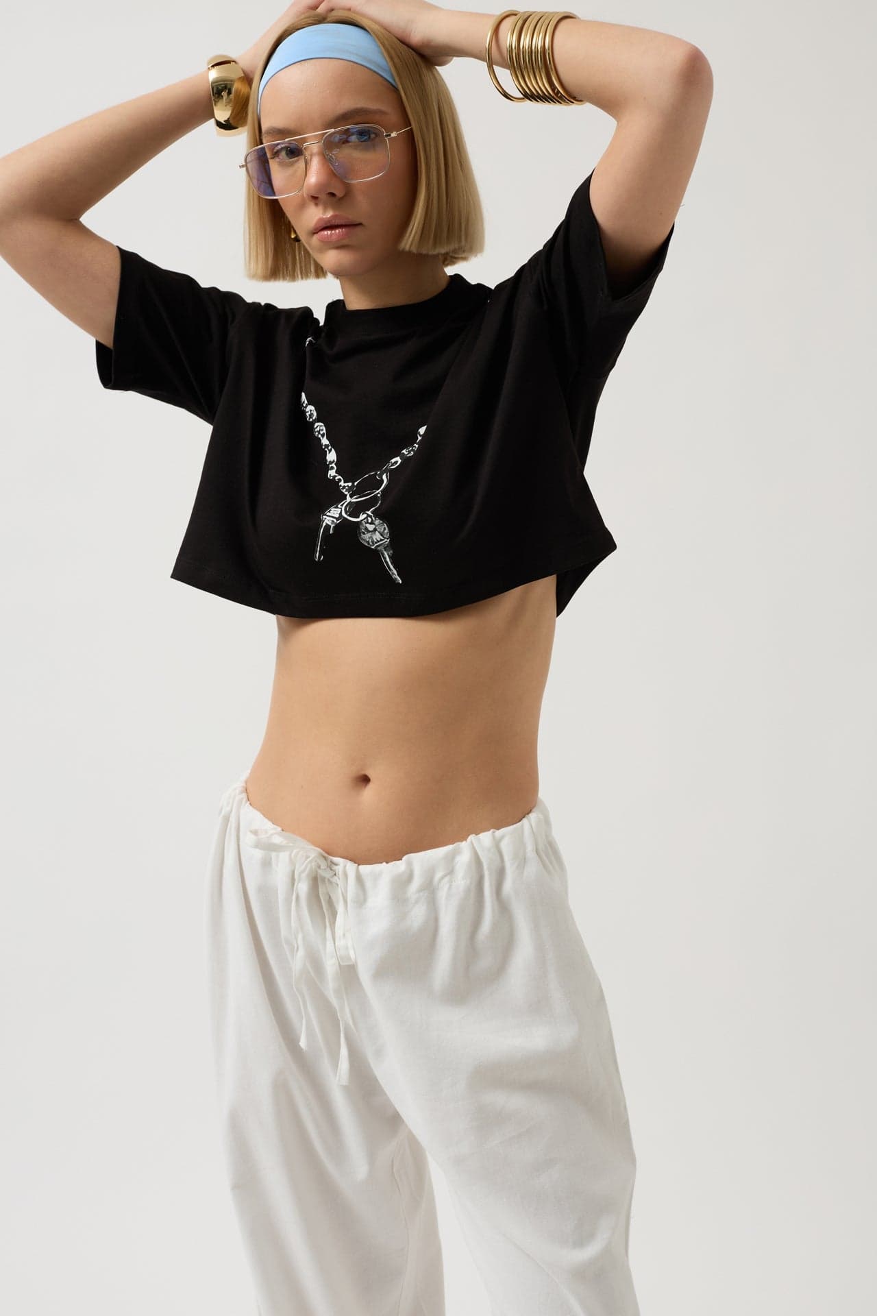 Zincir Baskılı Crop T-Shirt görsel 7