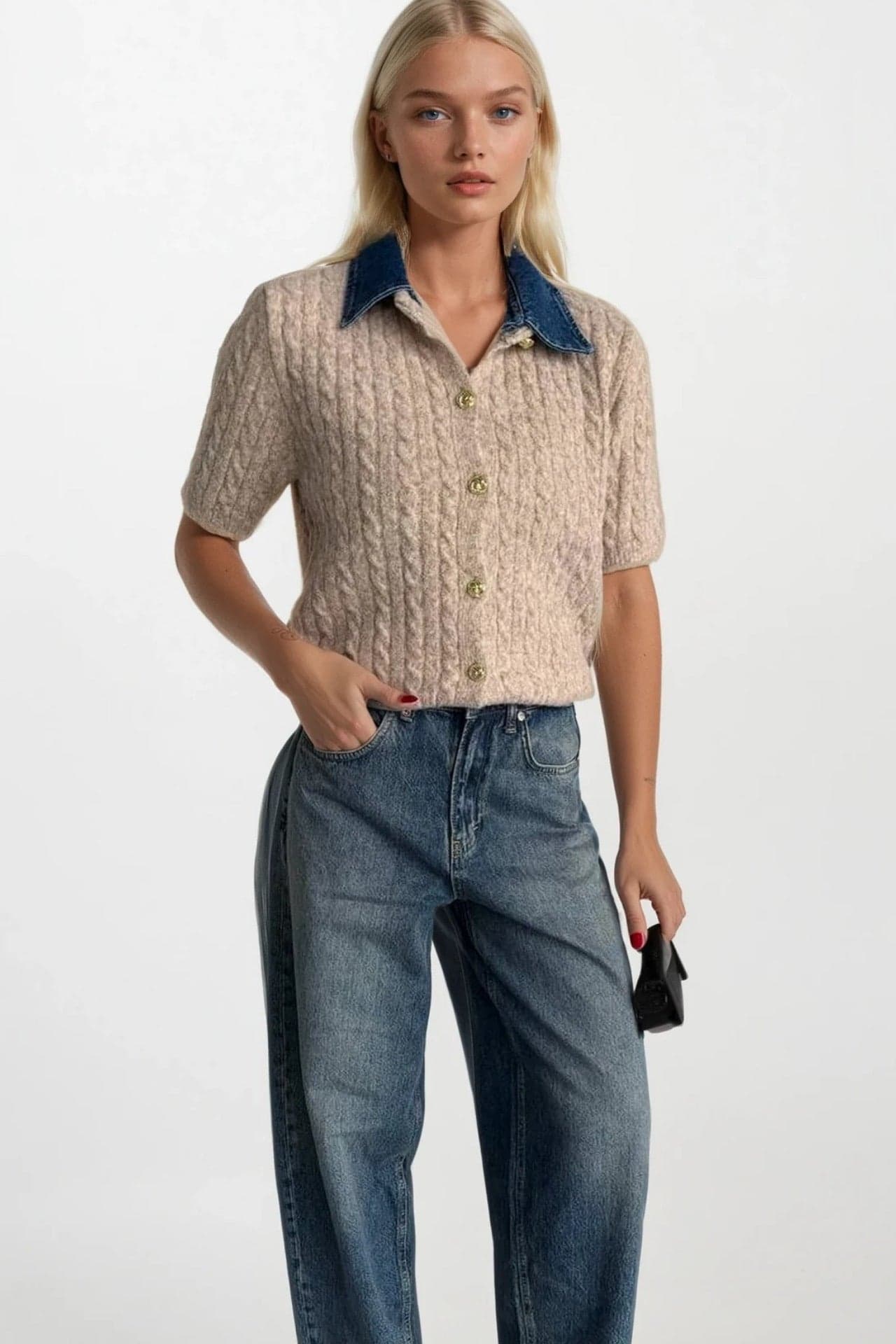 Denim Yaka Gold Düğmeli Yarım Kol Triko Hırka görsel 2