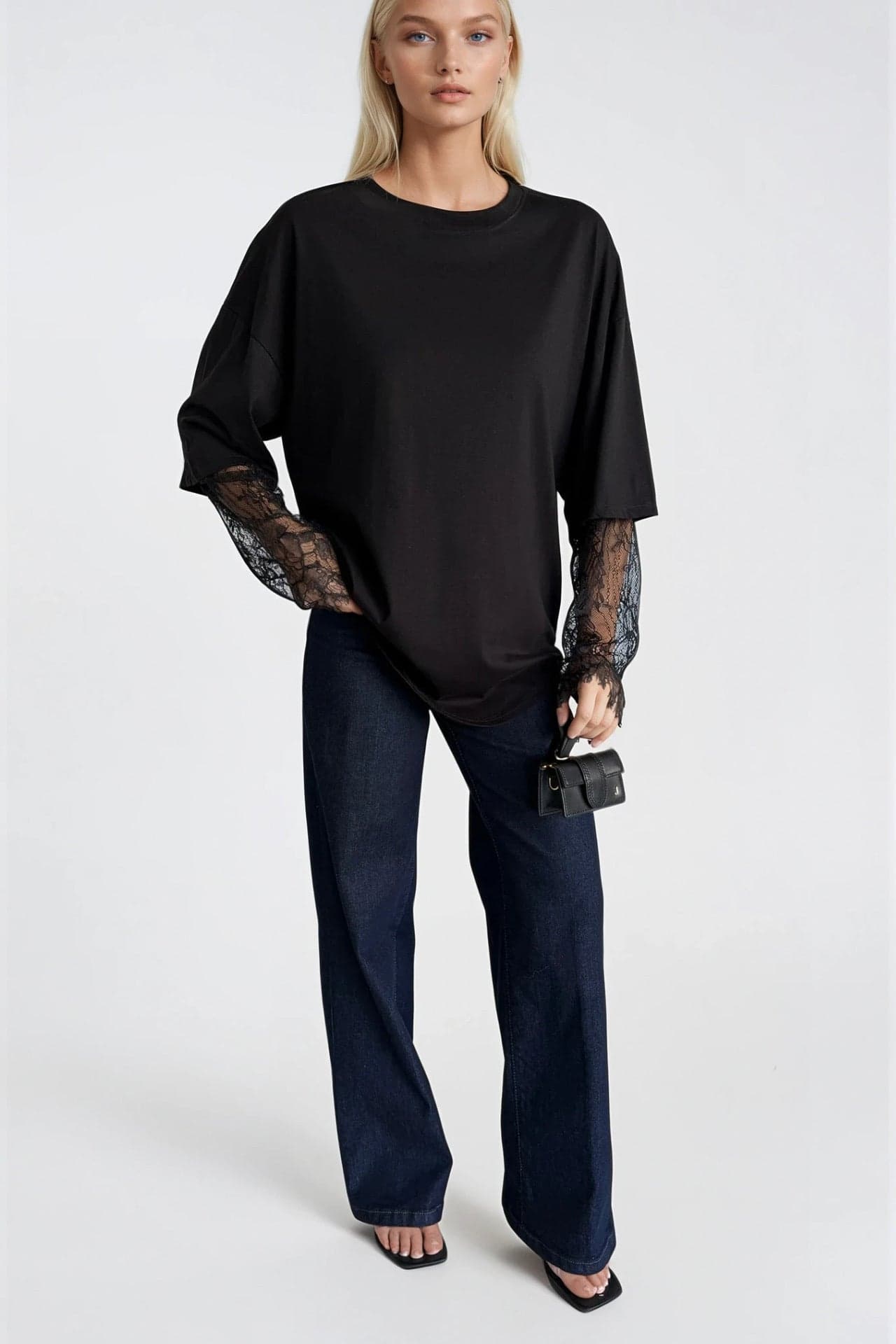 Bisiklet Yaka Kol Dantel Detay Oversize T-Shirt görsel 5