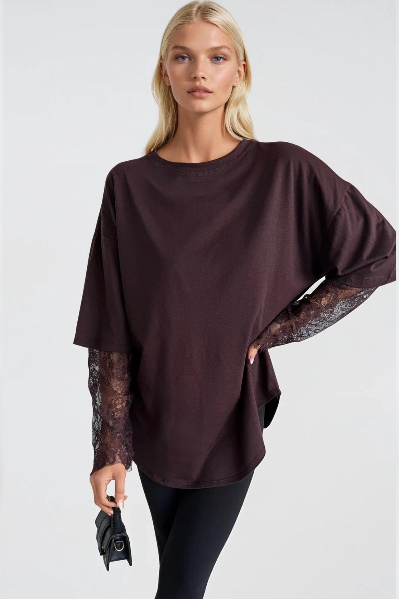Bisiklet Yaka Kol Dantel Detay Oversize T-Shirt görsel 7