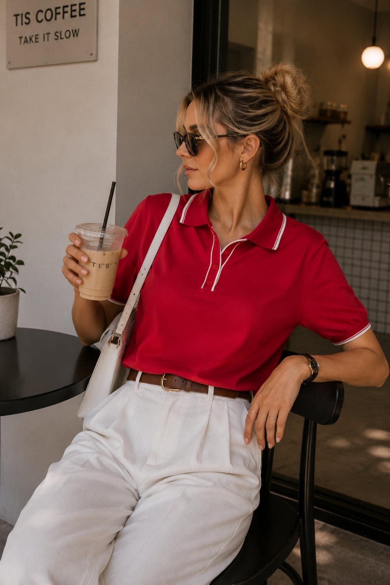 Şerit Detay Polo Yaka Düğmeli Triko Bluz görsel 1