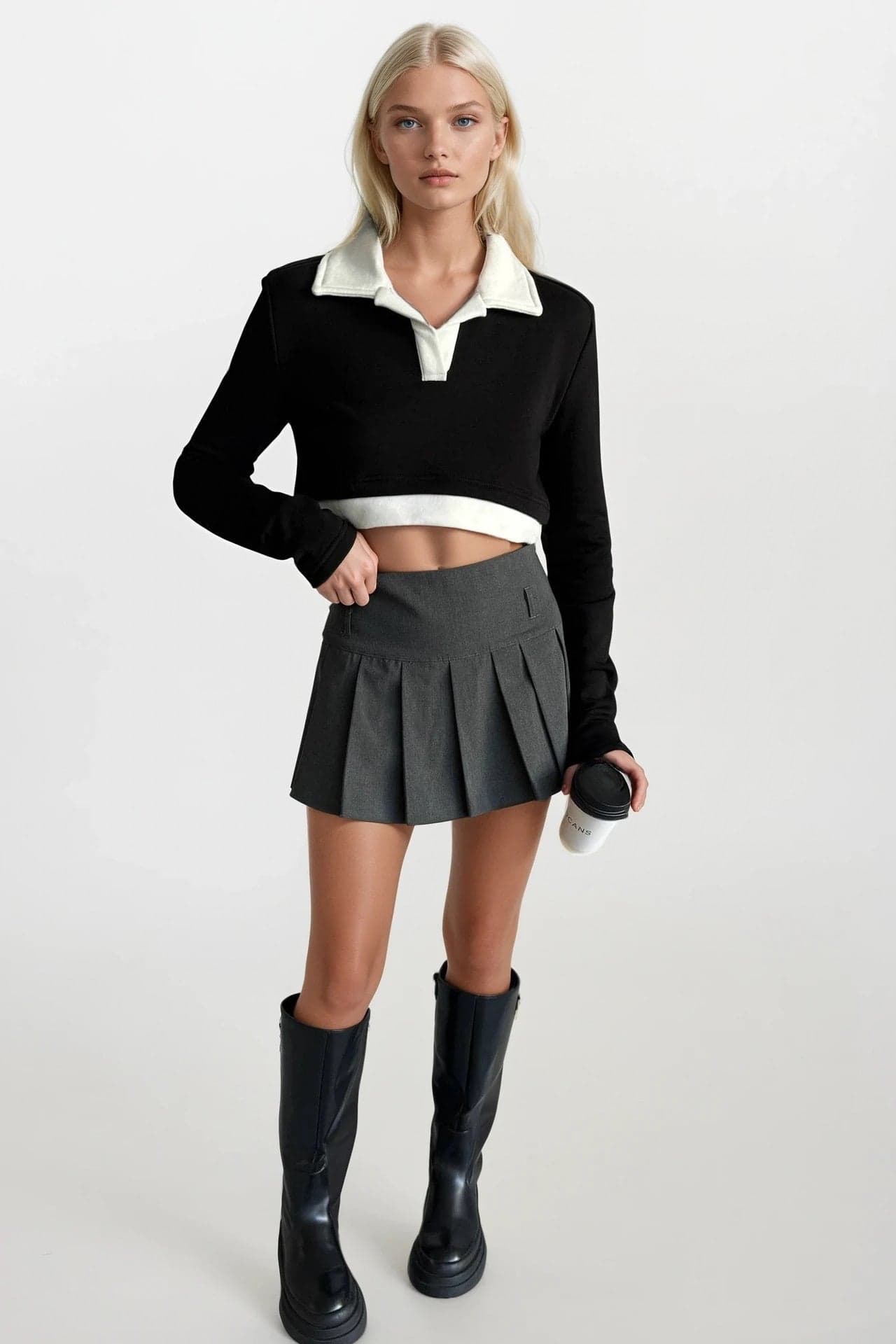 Polo Yaka Garnili Crop Sweatshirt görsel 2