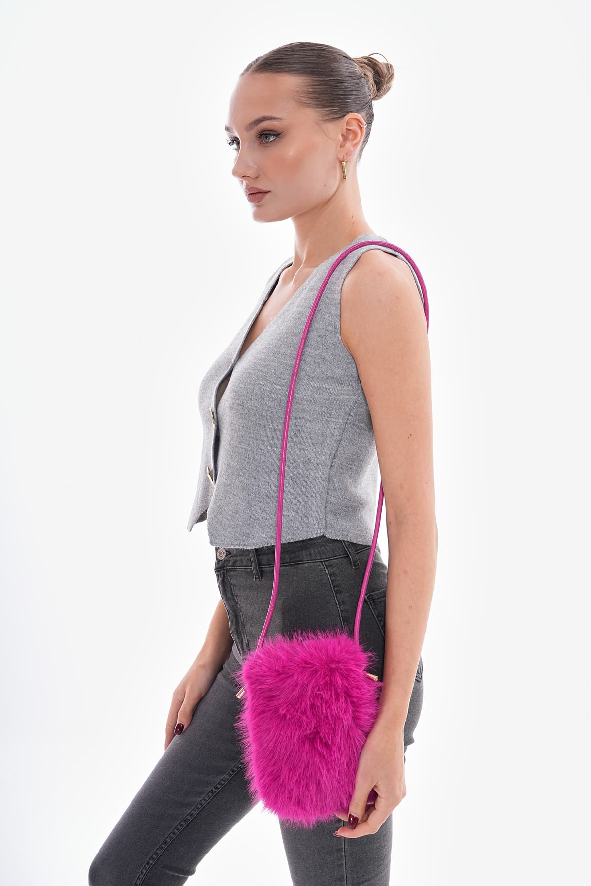 NWC-006 İçi Kadife Astarlı Fuşya Mini Peluş Çanta görsel 3