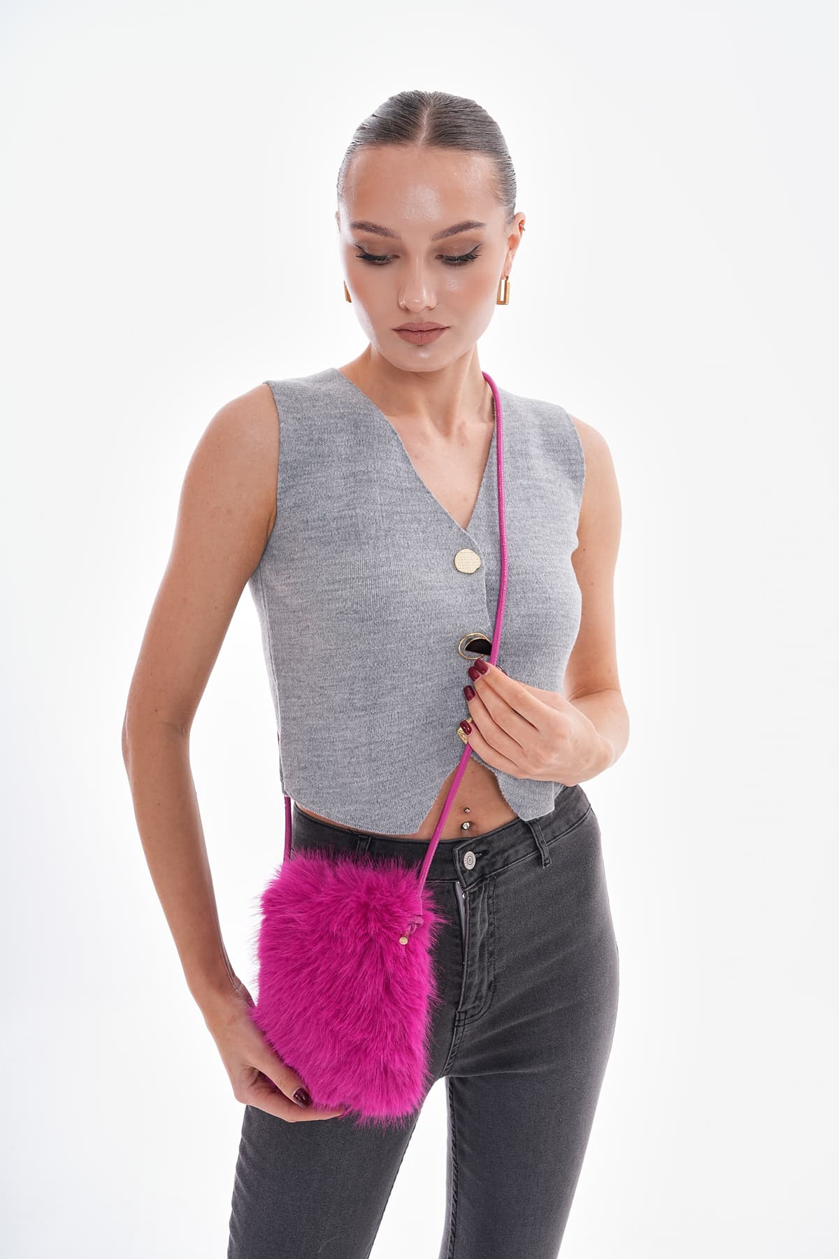 NWC-006 İçi Kadife Astarlı Fuşya Mini Peluş Çanta görsel 4