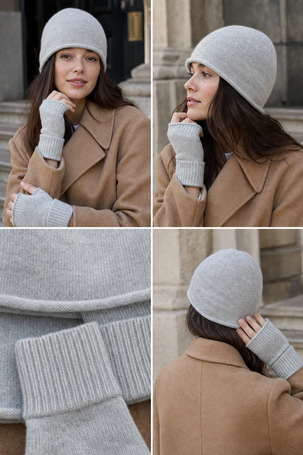14859 Yumuşak Dokulu Bere ve Kesik Eldiven Gri Triko Set görsel 4