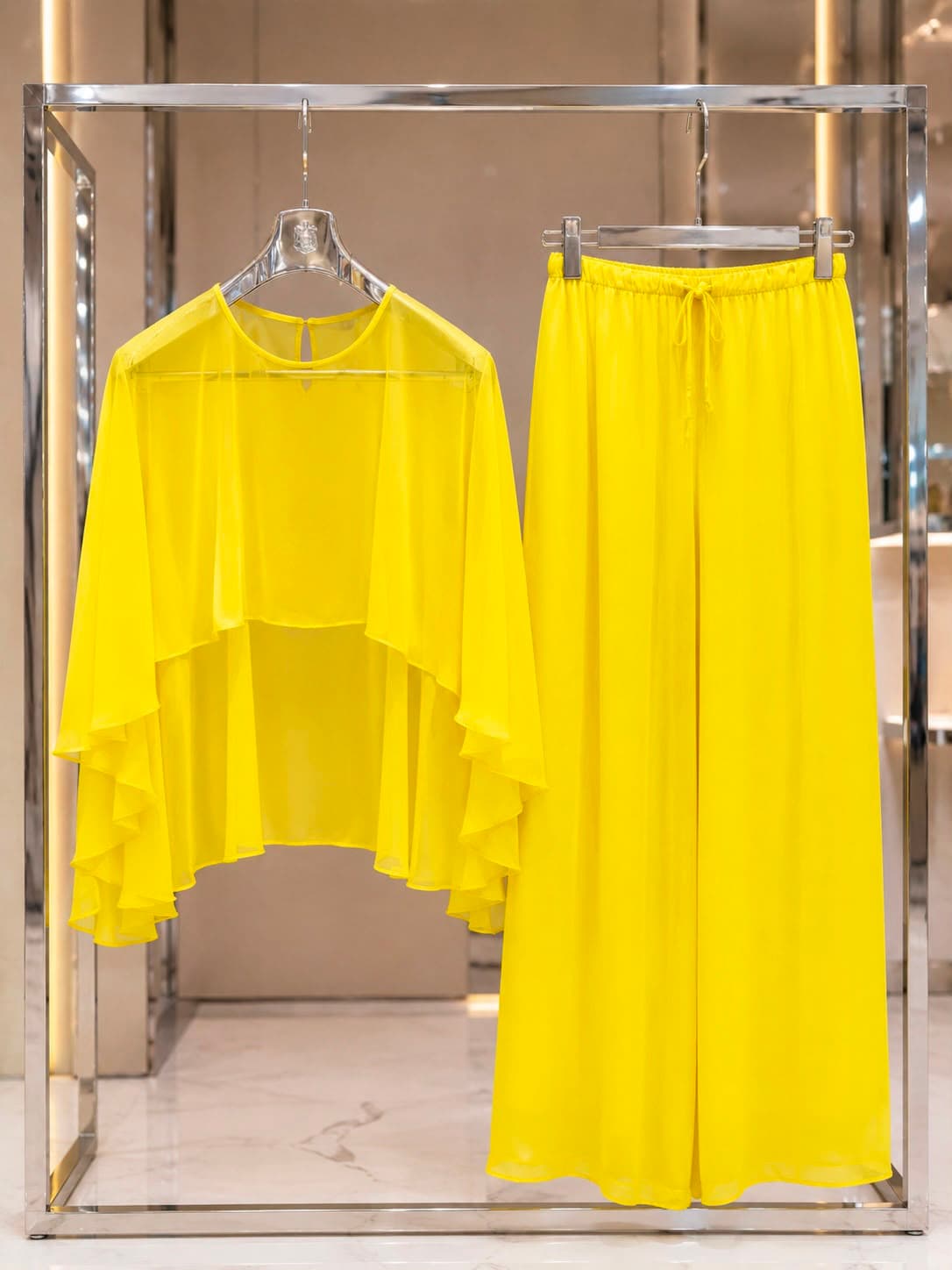 TAKIM001 Sarı Şifon Kumaş Bluz Pantolon İkili Takım S-M Beden görsel 4