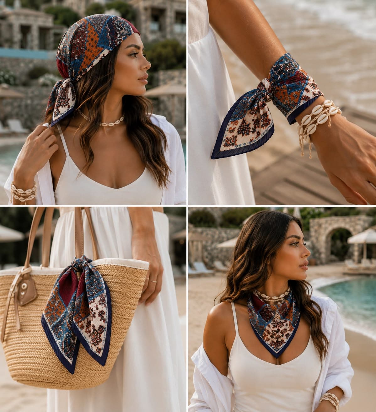 12353-1 Etro Desenli Lacivert Pliseli Saten Bandana Fular 50x50 cm görsel 5