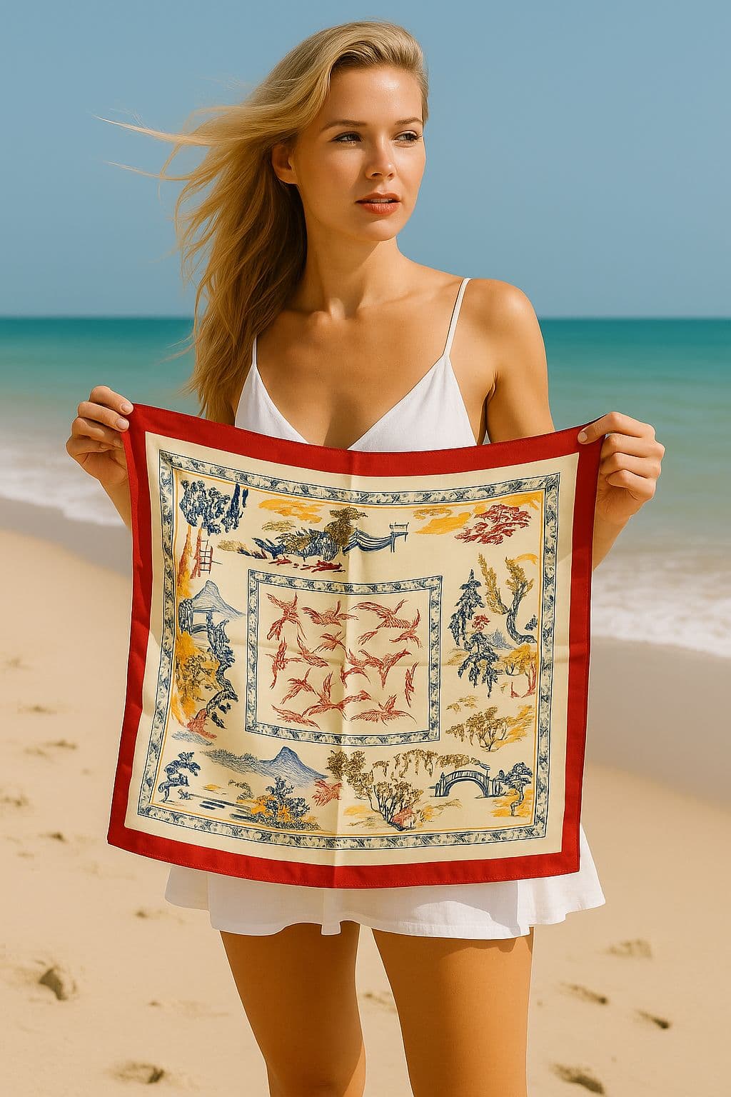 13465 Etnik Desenli Kırmızı Kenarlıklı Saten Bandana Fular 50x50 cm