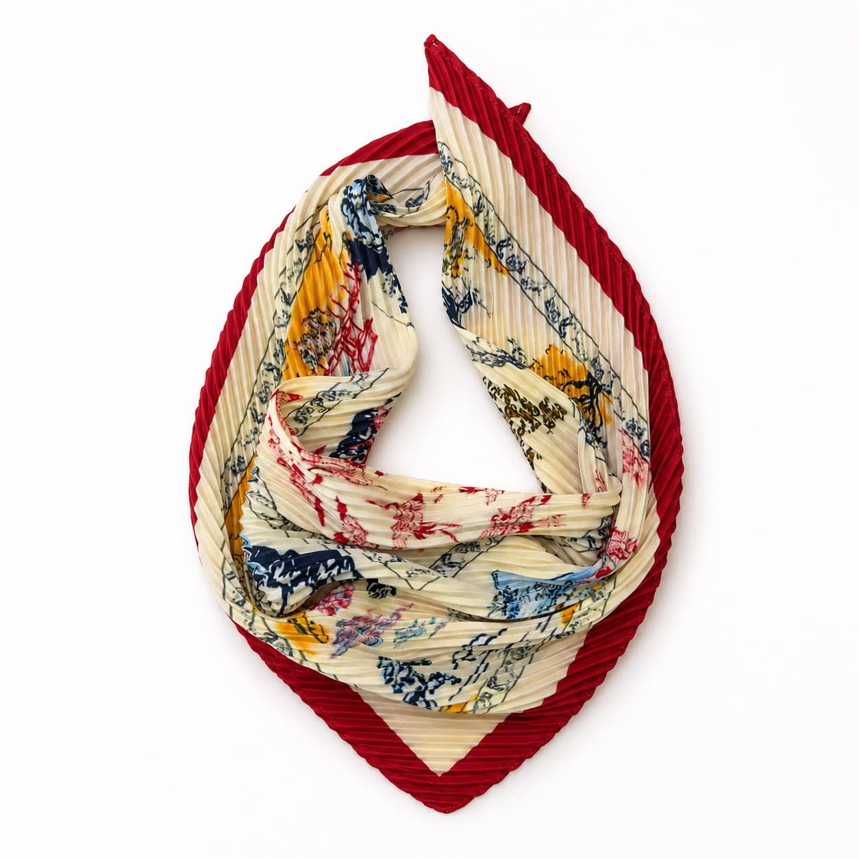 13465-1 Etnik Desenli Kırmızı Kenarlıklı Piliseli Saten Bandana Fular 50x50 cm görsel 2