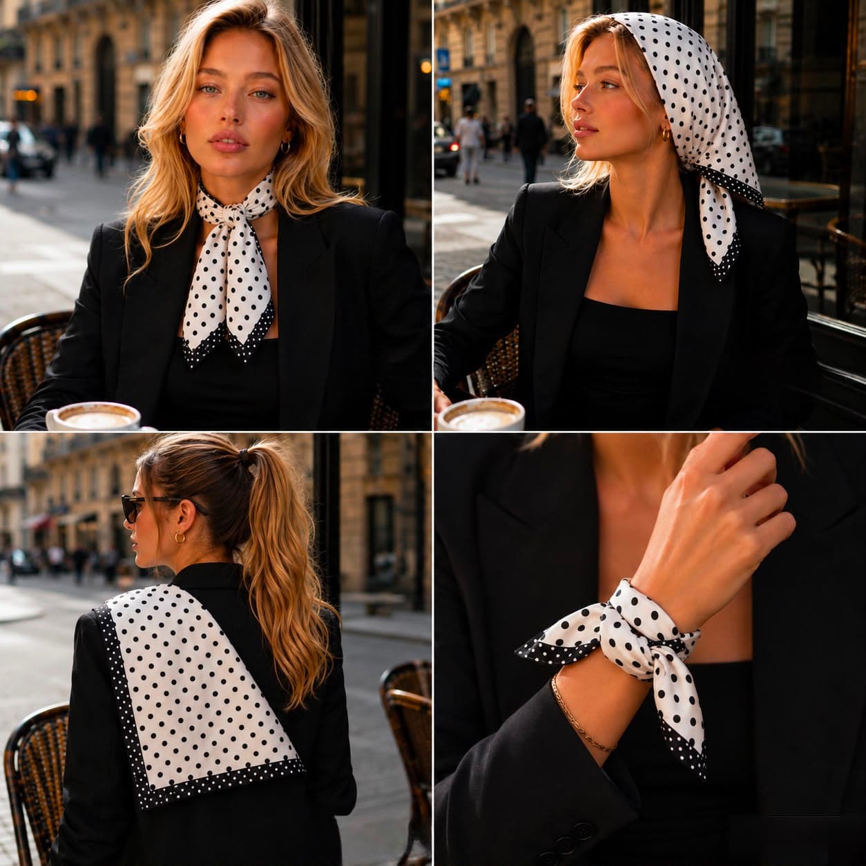 13472 Puantiye Desenli Saten Bandana Fular 50x50 cm görsel 4