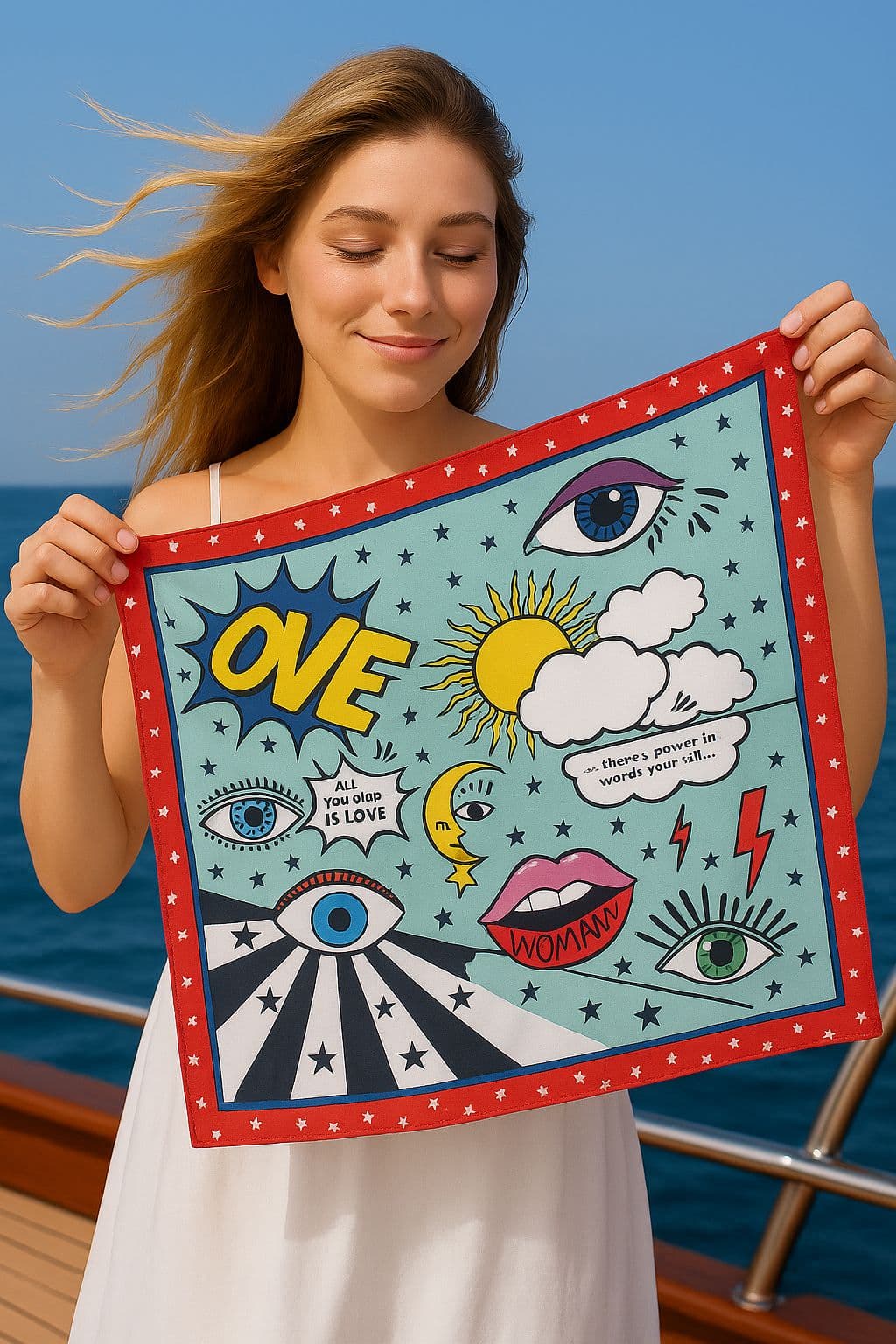 13707 Göz Desenli Renkli Saten Bandana Fular 50x50 cm