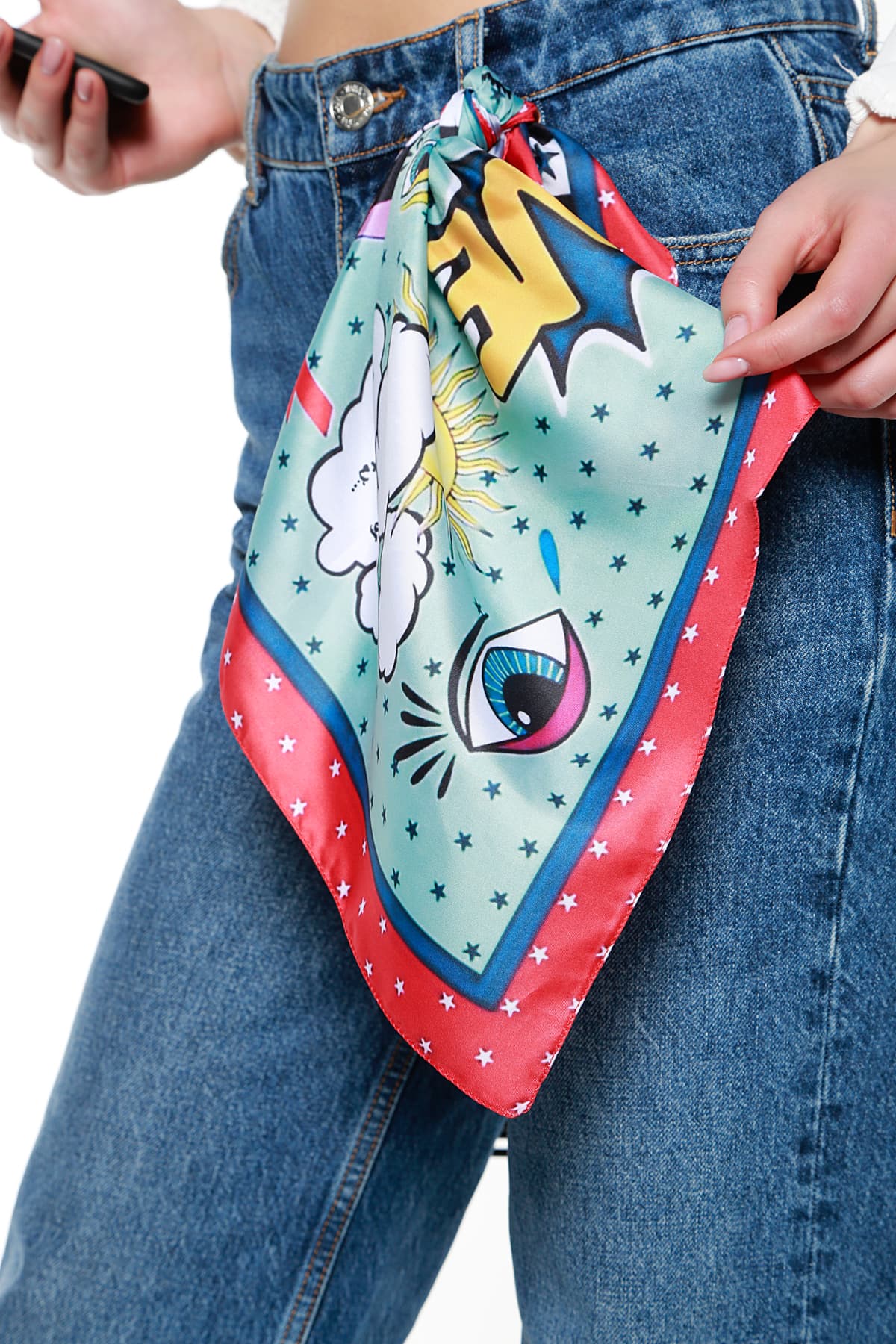 13707 Göz Desenli Renkli Saten Bandana Fular 50x50 cm görsel 2