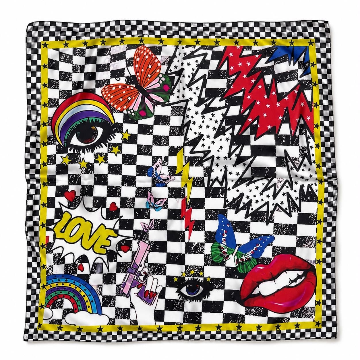 13708 Siyah Beyaz Kareli Saten Bandana Fular 50x50 cm