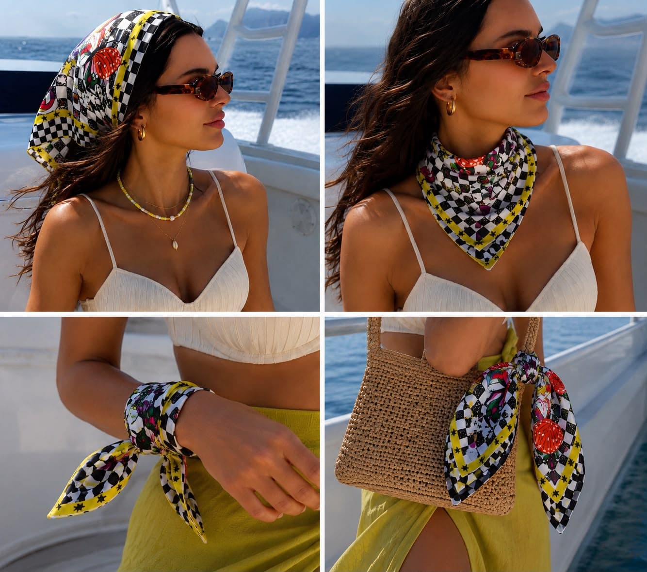 13708 Siyah Beyaz Kareli Saten Bandana Fular 50x50 cm görsel 4