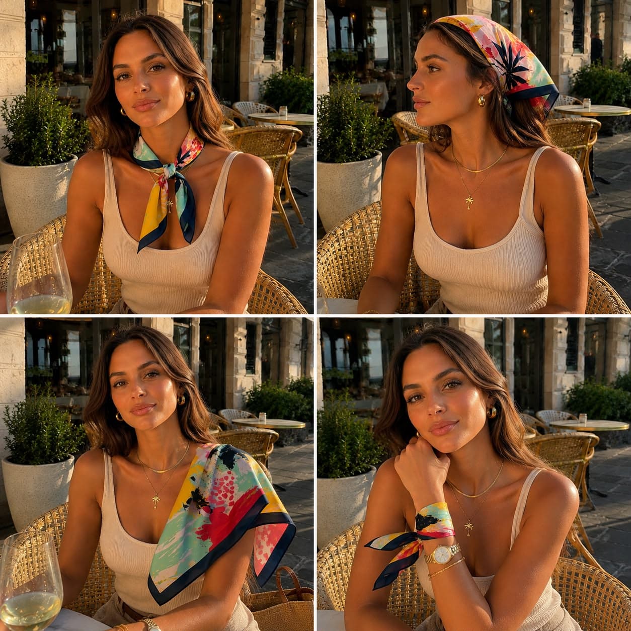 13750 Lacivert Kenarlıklı Renkli Saten Bandana Fular 50x50 cm görsel 4