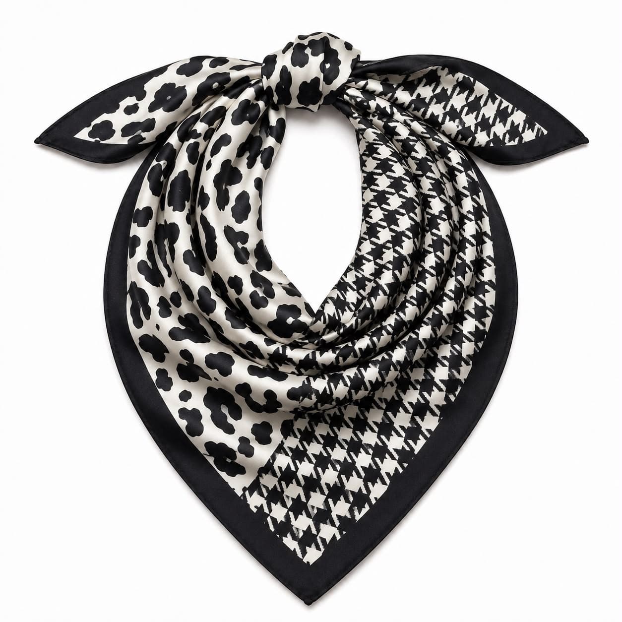 13936 Leopar ve Kaz Ayağı Desenli Siyah Bandana Fular 50x50 cm görsel 3