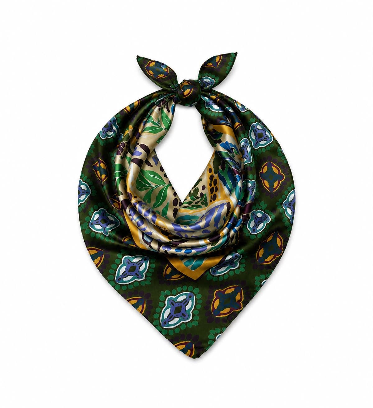13943 Etnik Desenli Safran Saten Bandana Fular 50x50 cm görsel 2